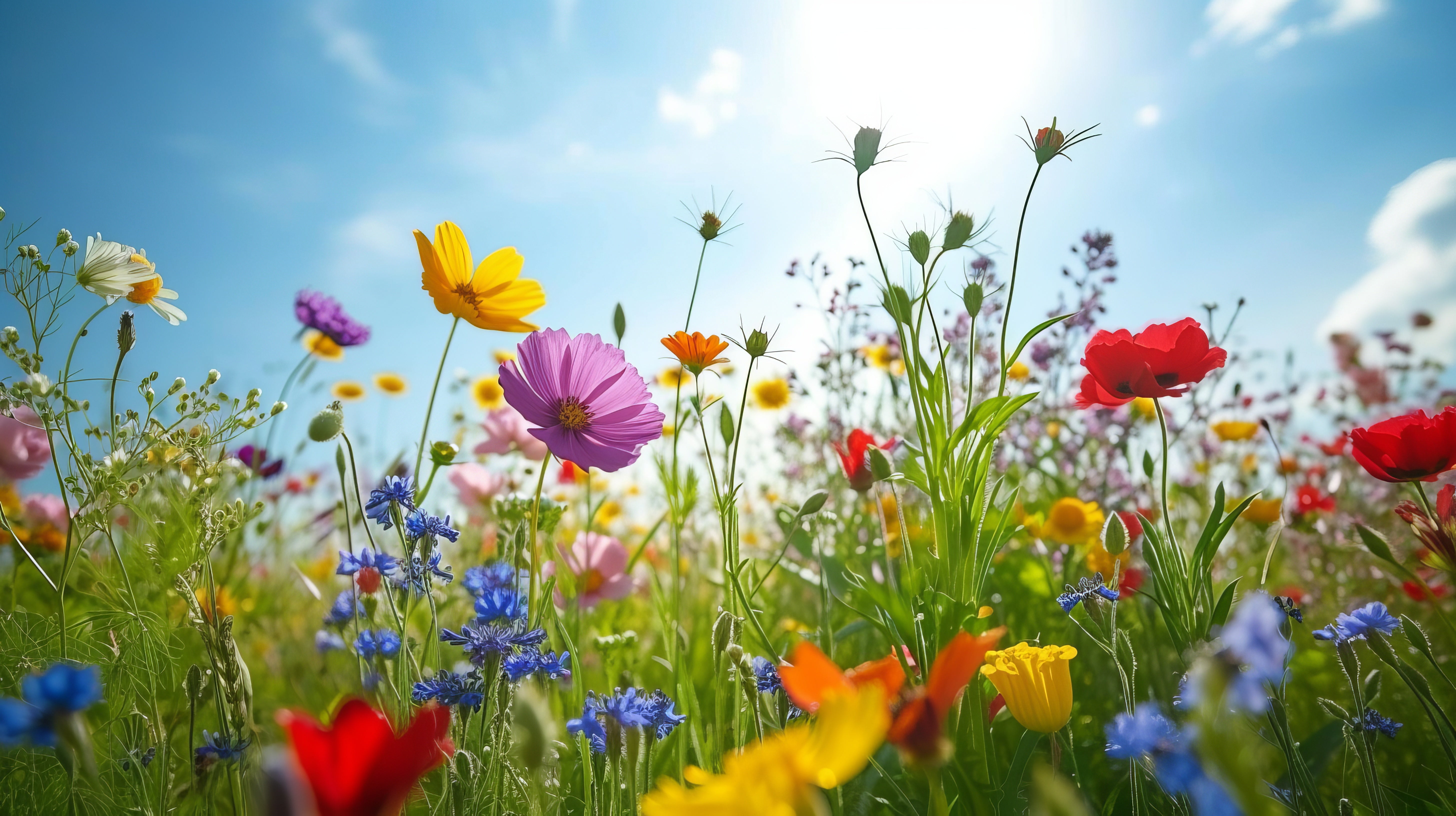 A picture of a field of wildflowers against a blue sky