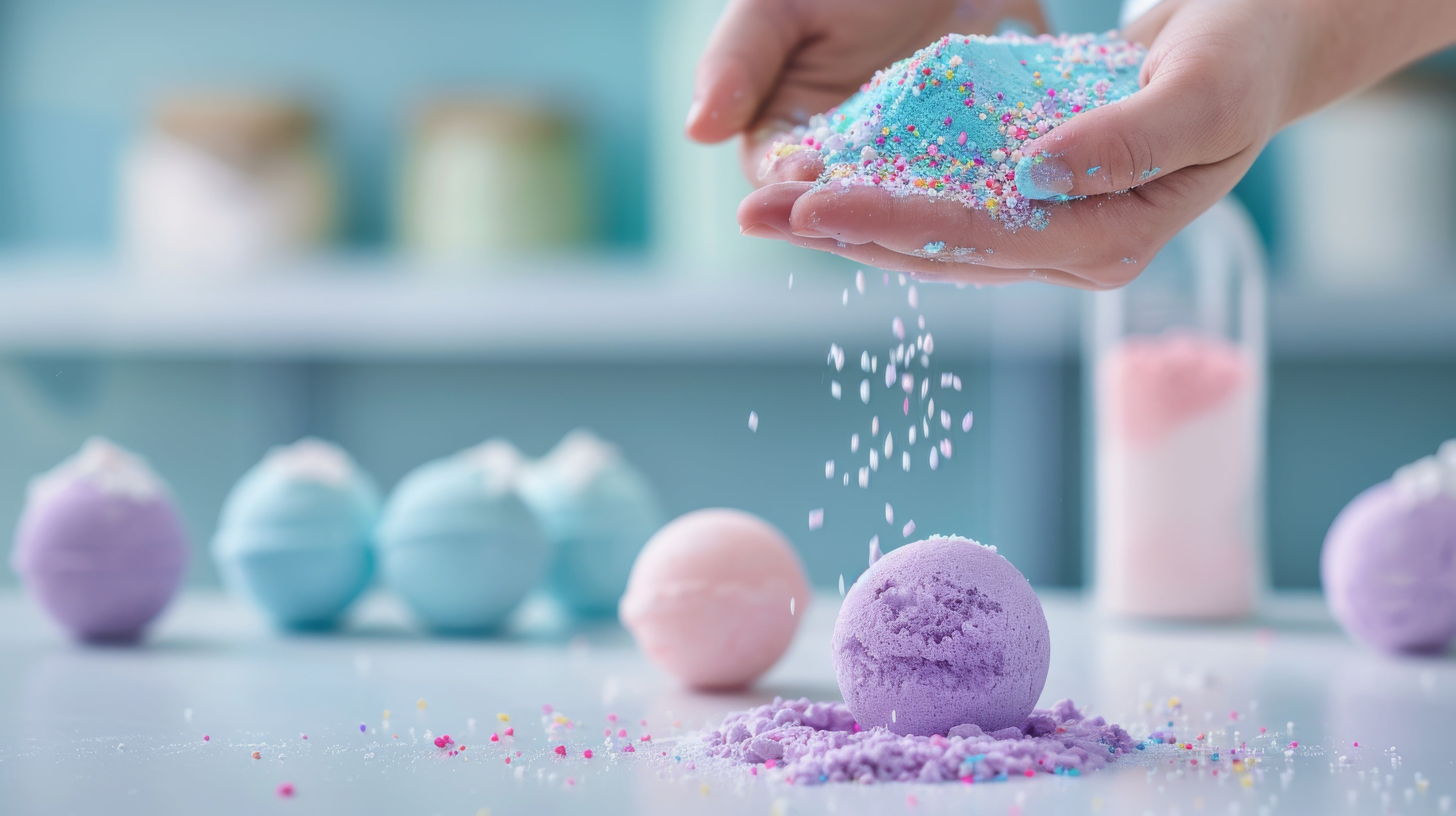A picture of someone holding blue powder with colour spots making colourful bath bombs which are laid out on the table beneath their hands