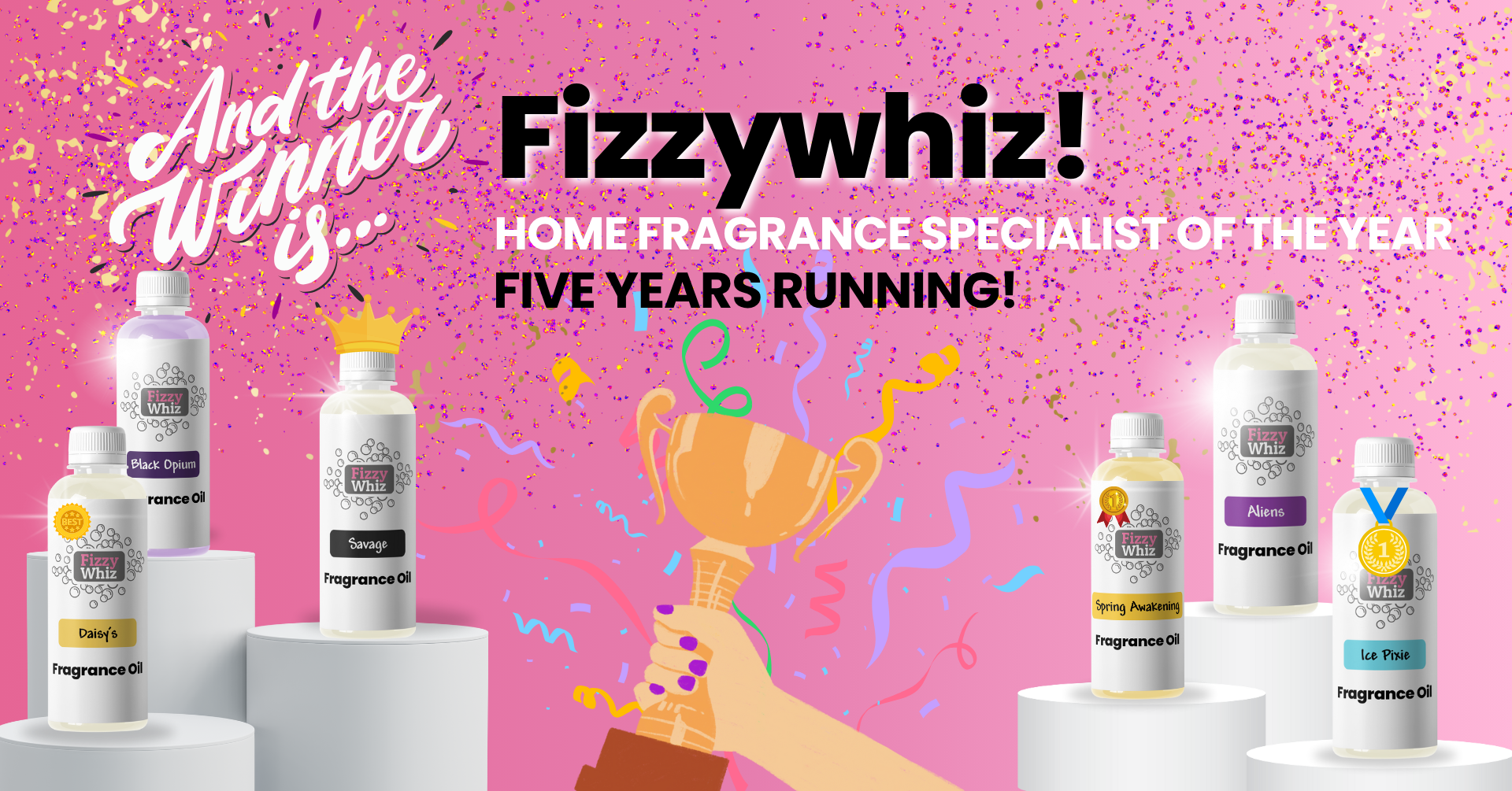 A banner celebrating Fizzywhiz's fifth year winning home fragrance specialist of the year award. 
