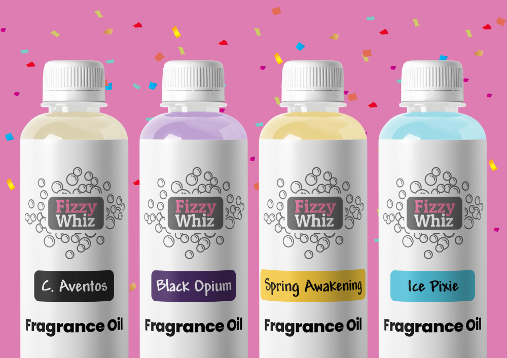 A picture of four fizzywhiz fragrance oil bottles against a pink confetti background 
