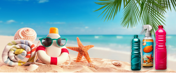 A picture of spanish cleaning product bottles on a sunny beach next to towels a star fish and a bottle of sun cream 
