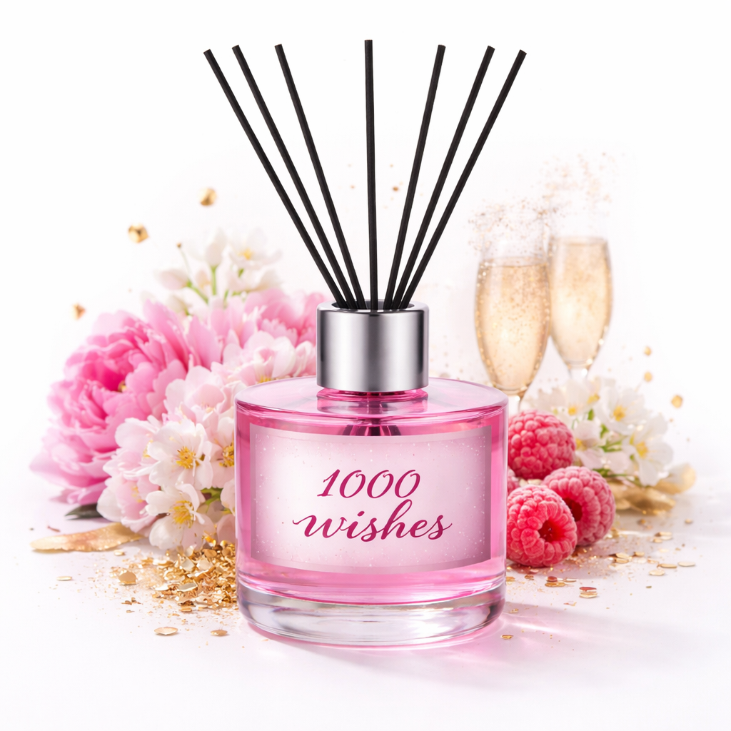 Pink diffuser bottle labeled '1000 wishes' with floral and raspberry decorations on a white background