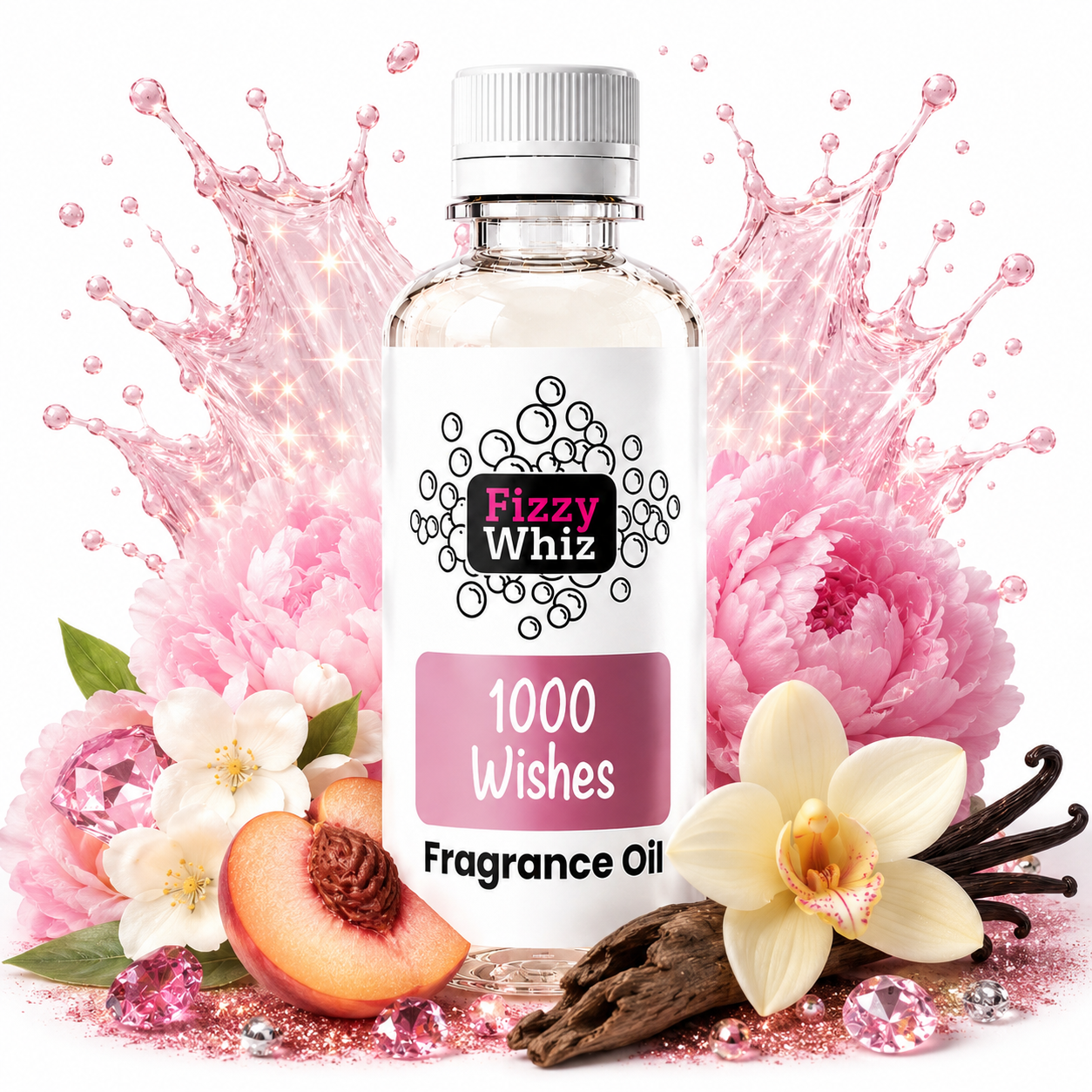 A bottle of Fizzy Whiz 1000 Wishes Fragrance Oil centered against a white background, surrounded by pink liquid splashes, pink flowers, a peach slice, vanilla beans, and pink gem-like accents.