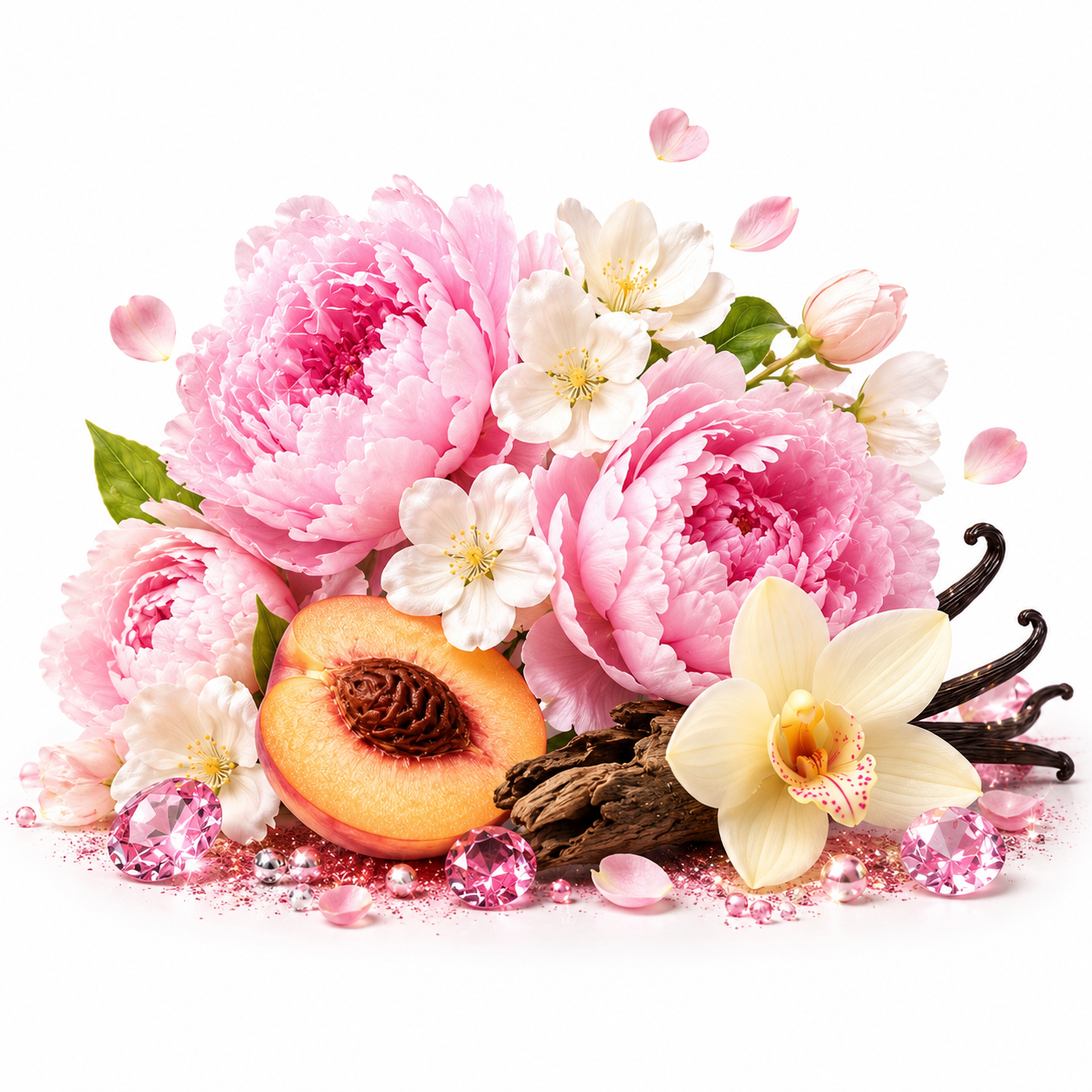A decorative floral arrangement on a white background featuring large pink peonies, white blossoms, a sliced peach, vanilla beans, pink gem-like beads, and scattered pink petals.