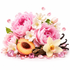 A decorative floral arrangement on a white background featuring large pink peonies, white blossoms, a sliced peach, vanilla beans, pink gem-like beads, and scattered pink petals.