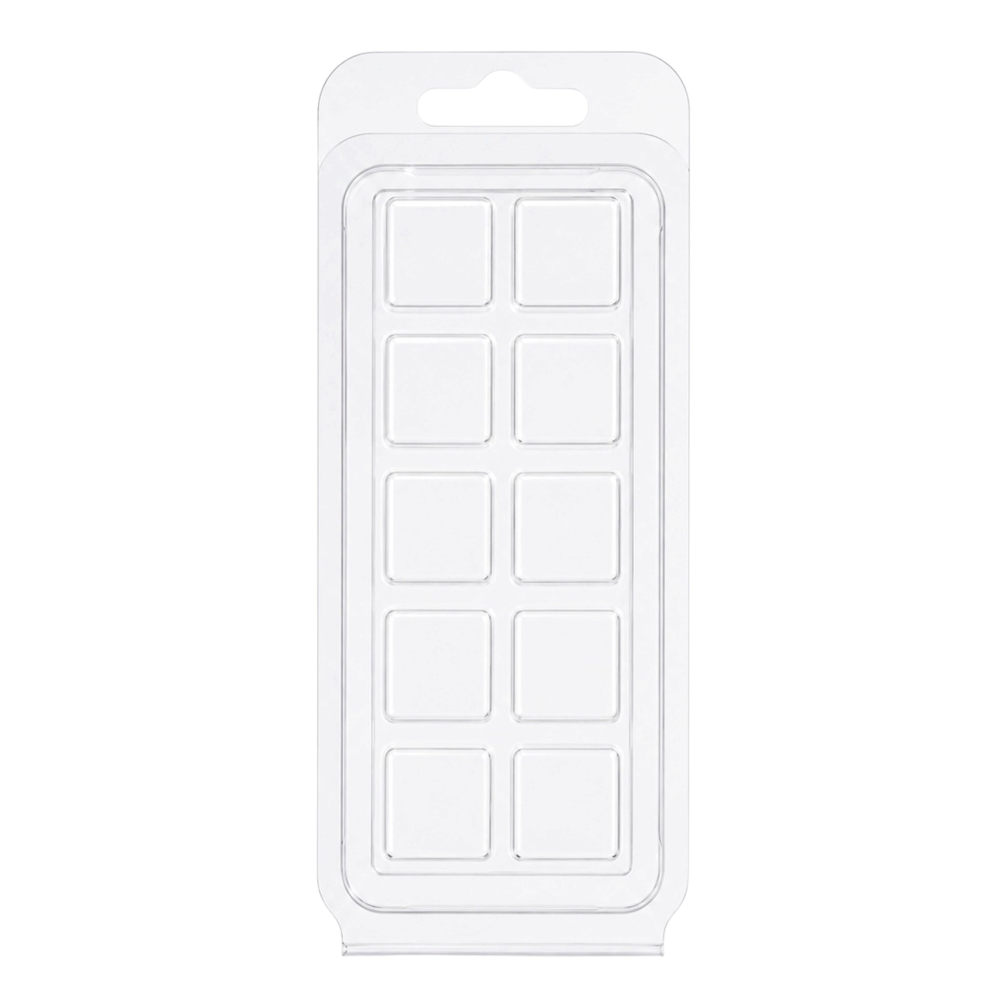 A clear plastic package containing nine square translucent ice cube molds, shown against a plain white background.