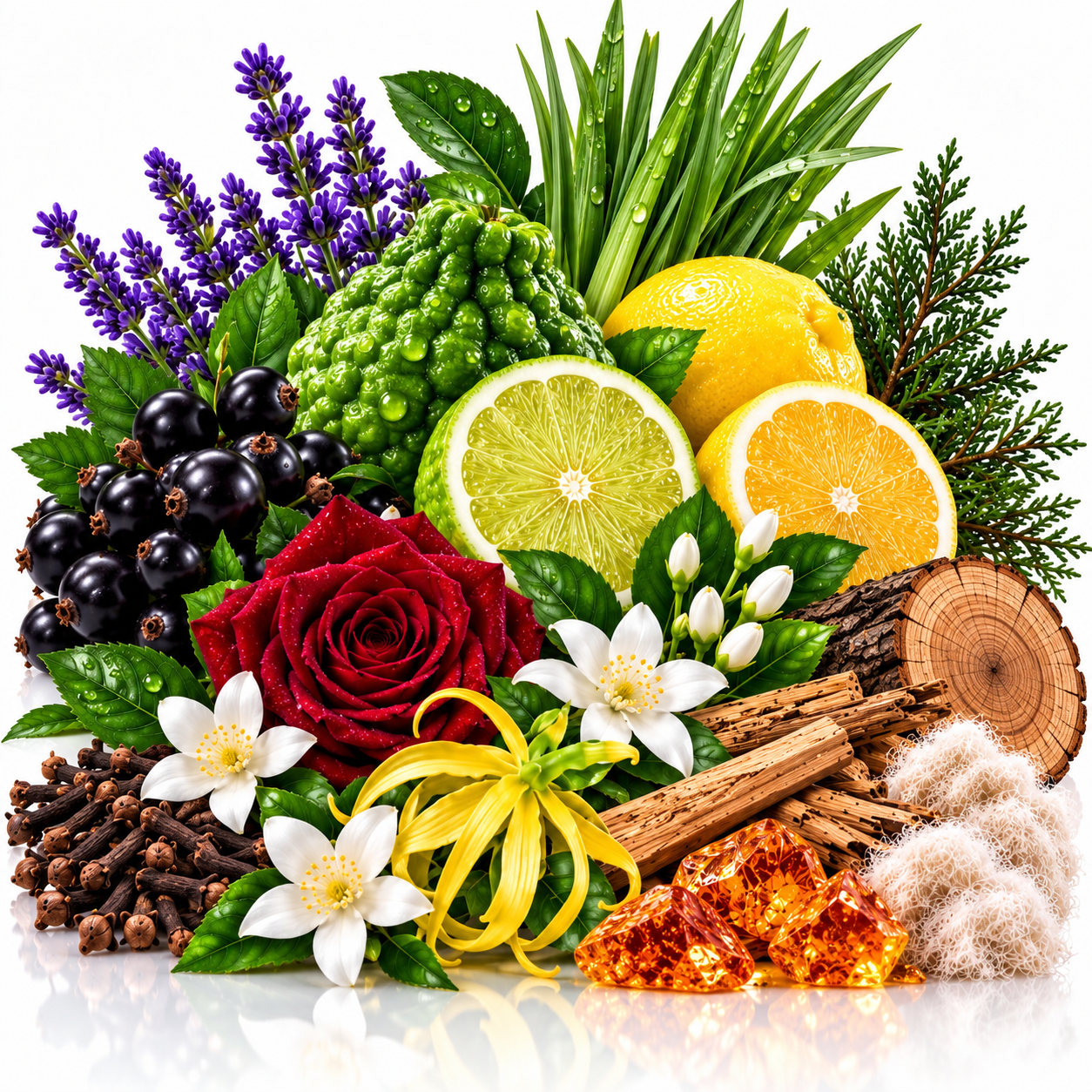 A vibrant botanical and botanical ingredient arrangement on a white reflective surface, featuring a red rose, purple lavender, green kumquats, yellow citrus slices, white jasmine blossoms, cinnamon sticks, cloves, dried flowers, and amber crystals.
