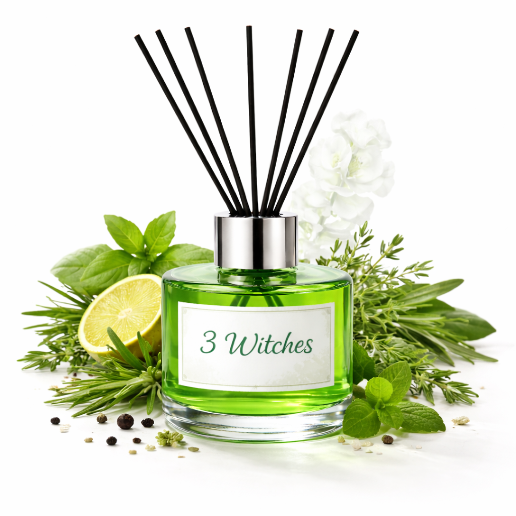 Green diffuser bottle labeled '3 Witches' with black sticks surrounded by green leaves and a lemon on a white background
