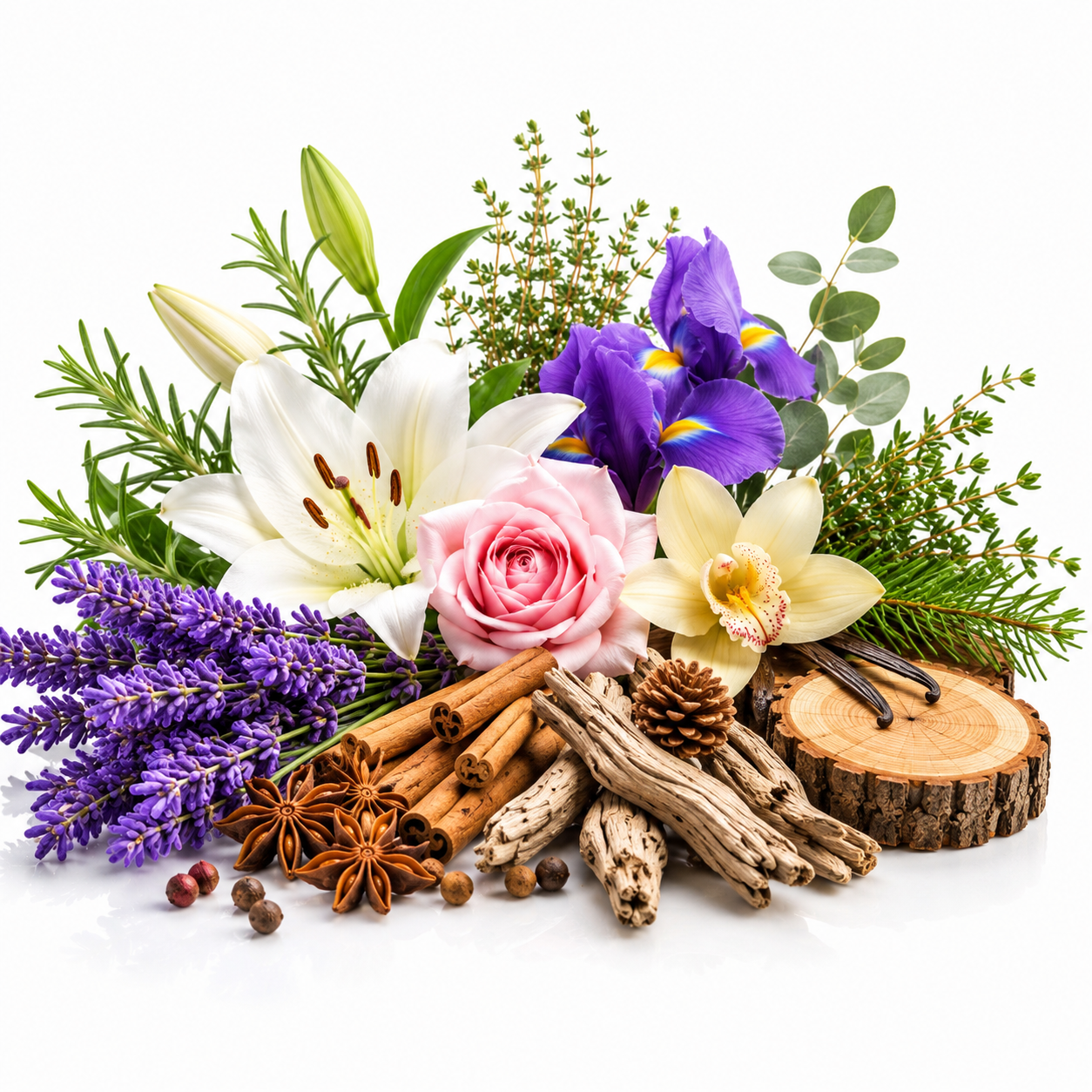 A styled botanical arrangement on a white background featuring purple lavender, white and pink flowers, green foliage, cinnamon sticks, star anise, pinecones, dried roots, and a wood slice.