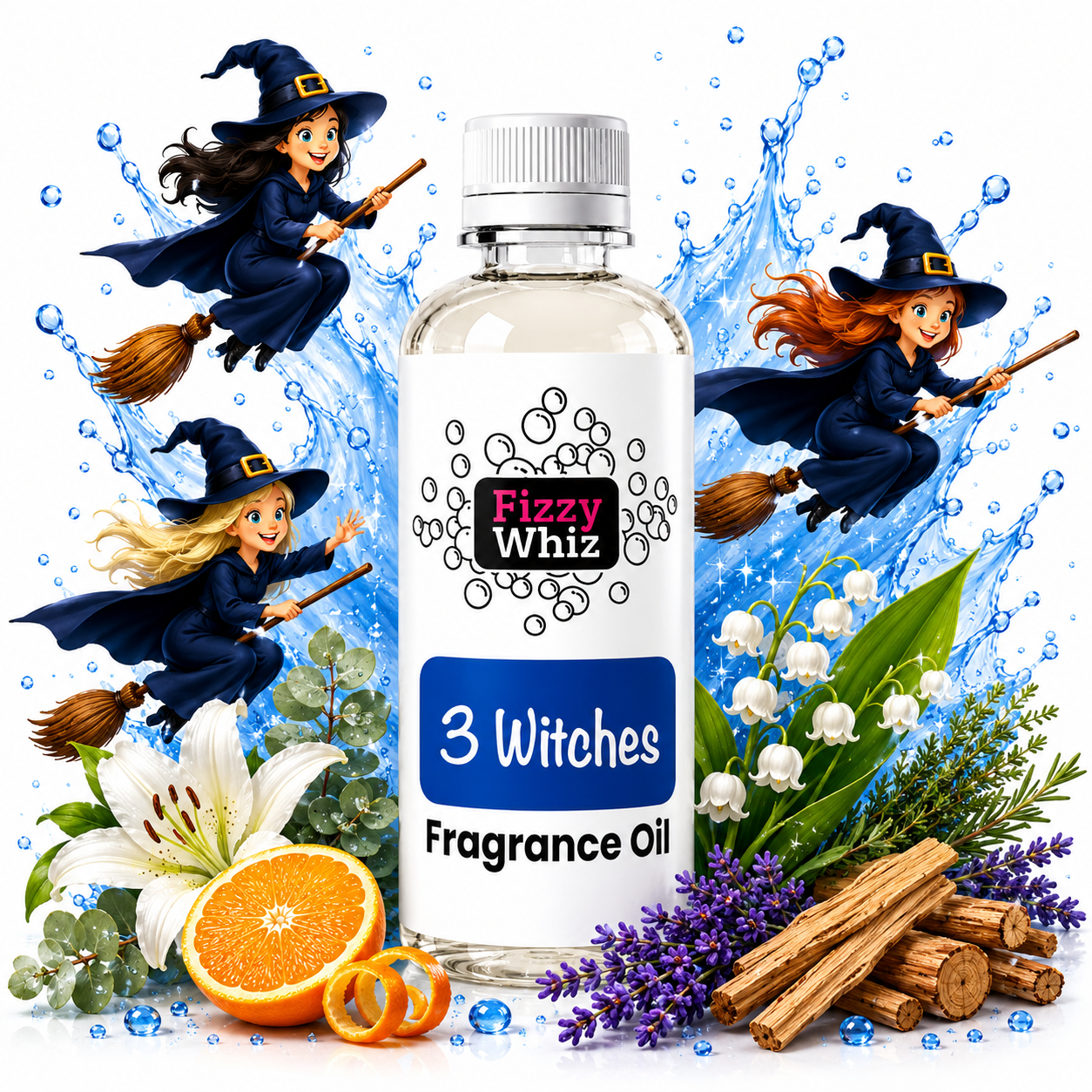 A bottle of Fizzy Whiz '3 Witches' fragrance oil centered against a white background with blue water splashes. The bottle is surrounded by illustrative scent ingredients including orange slices, white lilies, purple lavender, cinnamon sticks, and green leaves, with cartoon-style witches on broomsticks flanking the product.