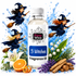 A bottle of Fizzy Whiz '3 Witches' fragrance oil centered against a white background with blue water splashes. The bottle is surrounded by illustrative scent ingredients including orange slices, white lilies, purple lavender, cinnamon sticks, and green leaves, with cartoon-style witches on broomsticks flanking the product.