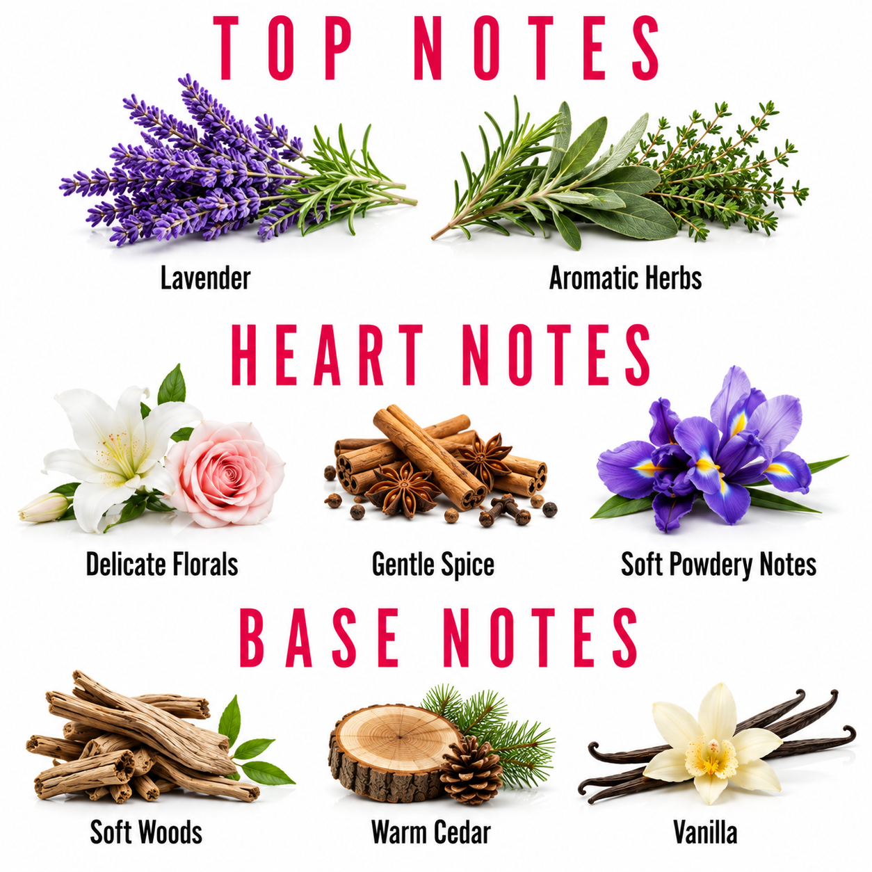 A fragrance notes chart on a white background with pink text reading TOP NOTES, HEART NOTES, and BASE NOTES. Lavender, aromatic herbs, delicate florals, gentle spice, soft powdery notes, soft woods, warm cedar, and vanilla are shown with labeled botanical illustrations.