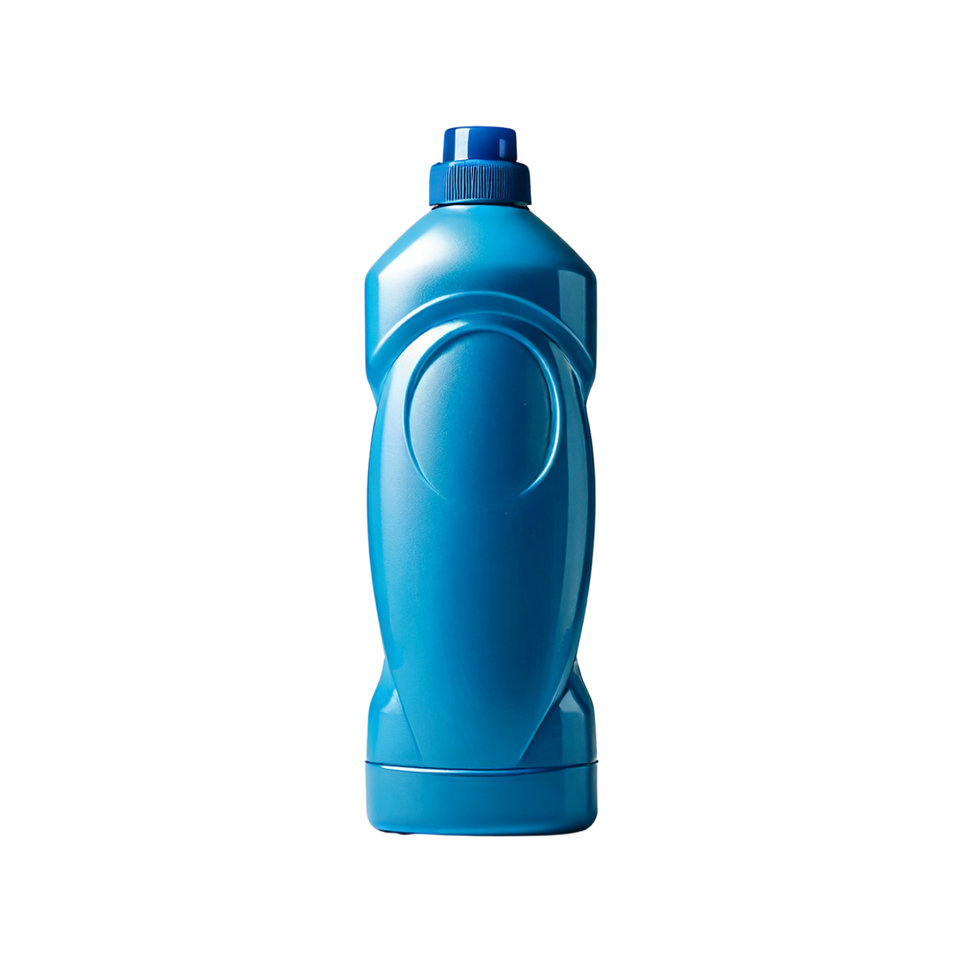 Blue plastic bottle with a contoured shape and blue screw cap, shown upright on a light background.
