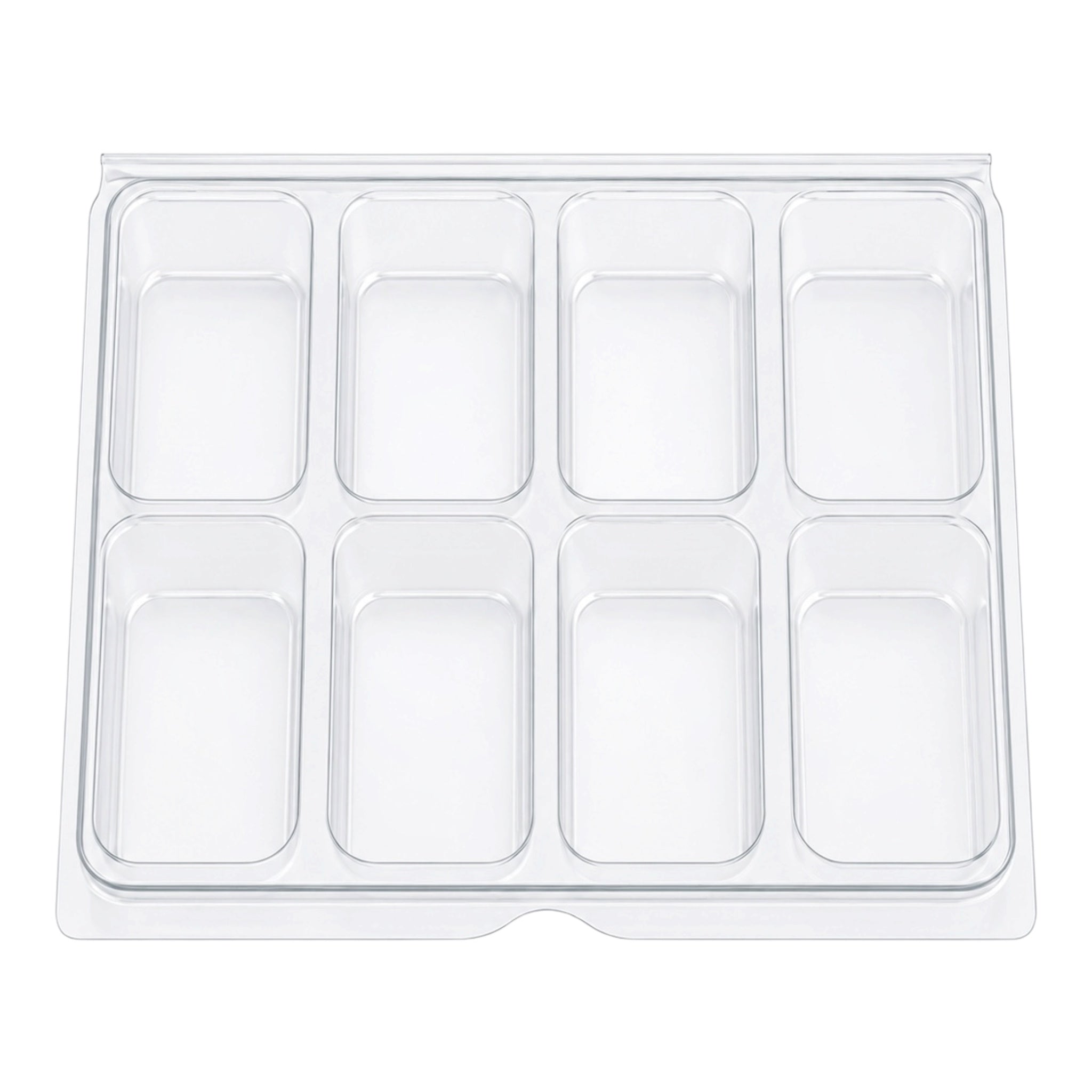 A clear plastic 8-compartment organizer tray with rounded rectangular sections, shown on a plain white background.