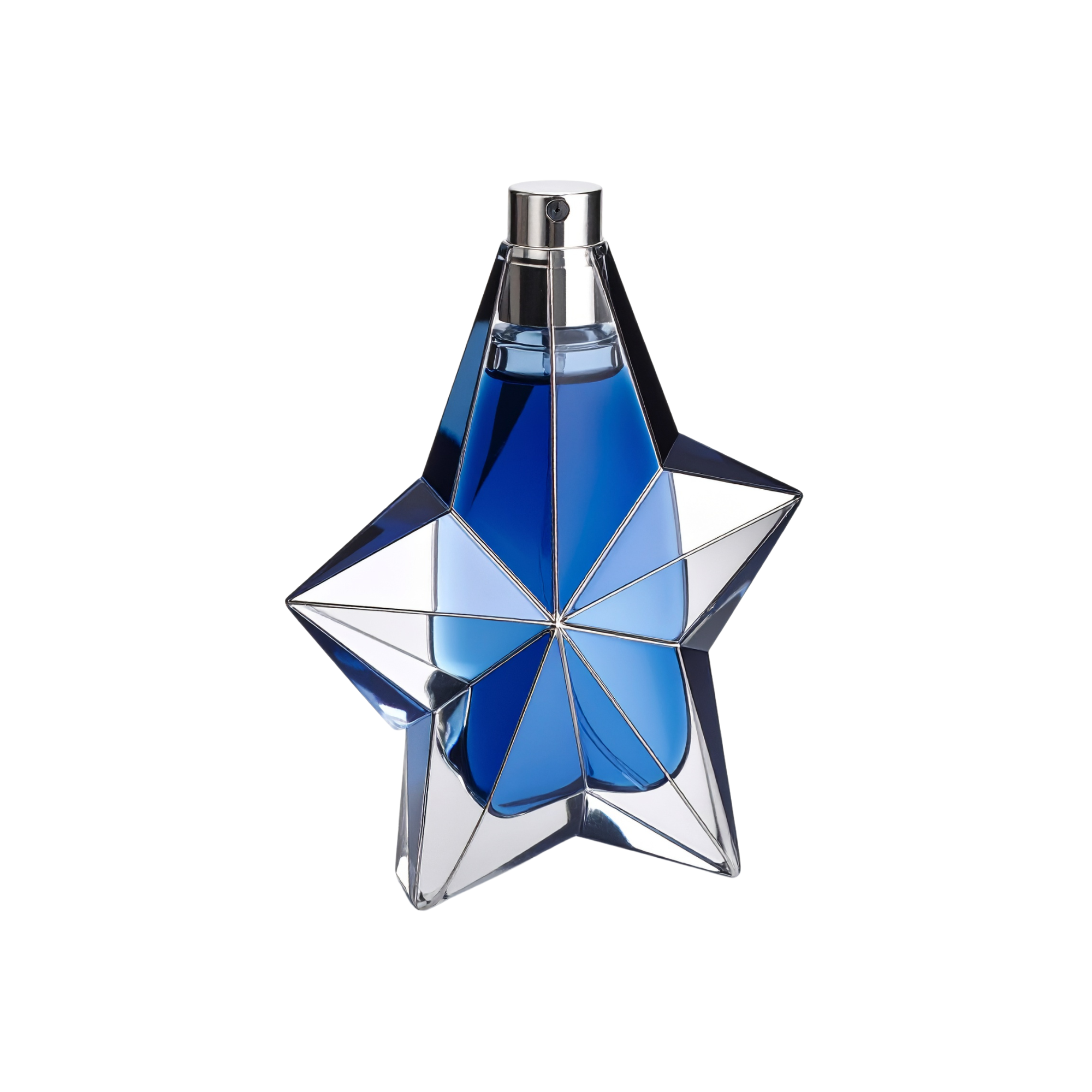 A perfume bottle with a star-shaped design and a blue liquid inside.