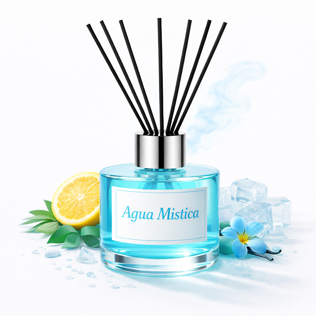Reed diffuser labeled 'Agua Mistica' with decorative elements on a white background