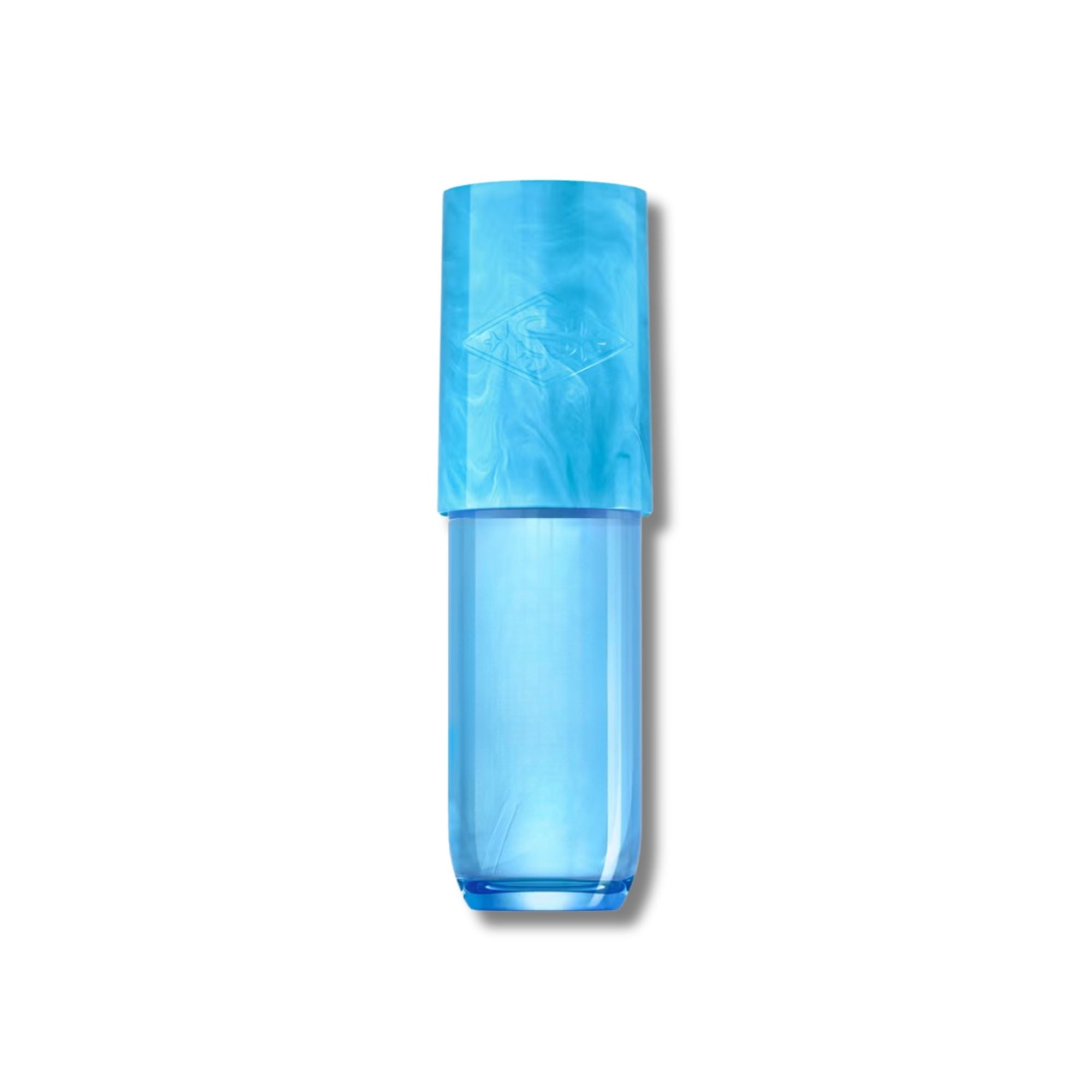 Blue cylindrical container with a marbled pattern on a white background