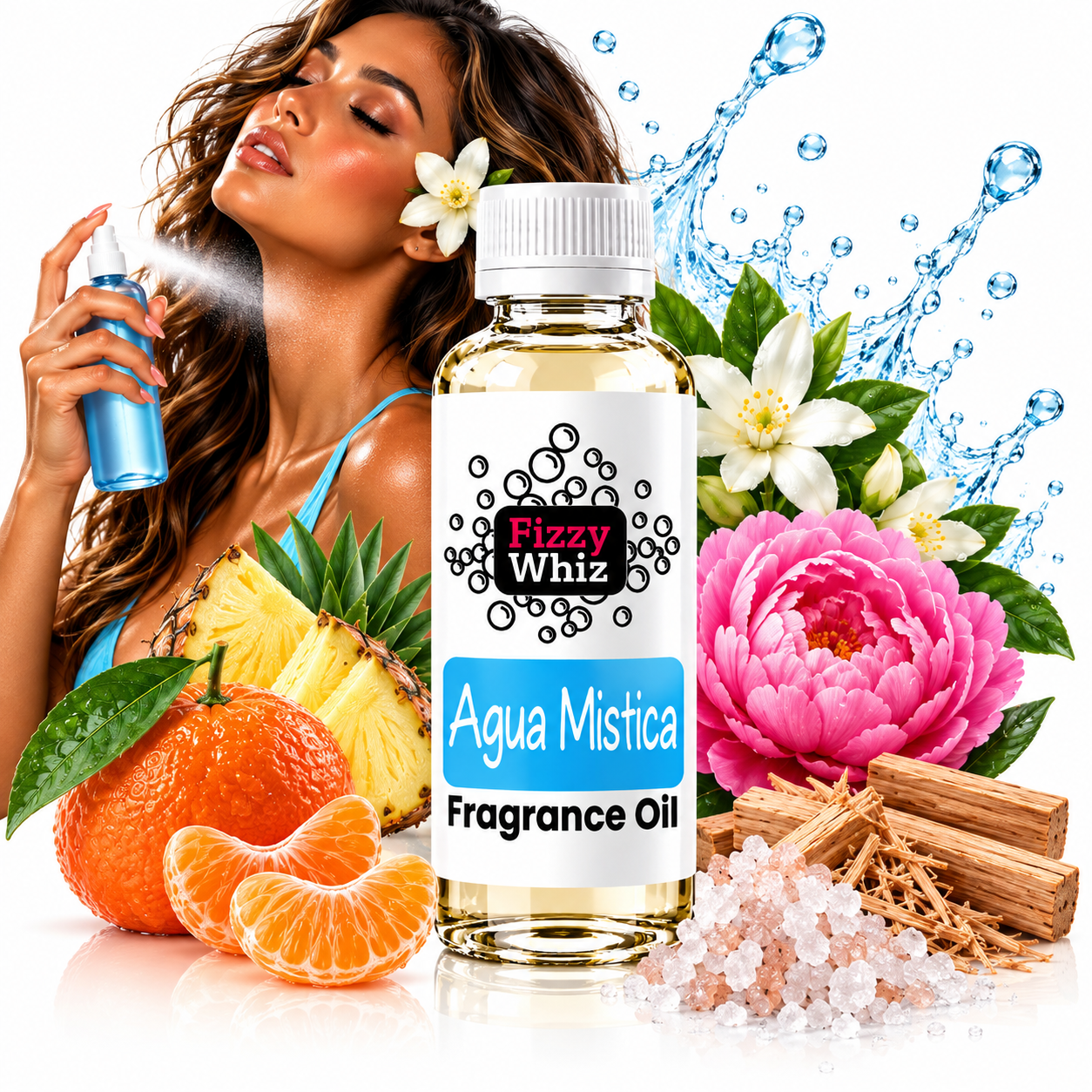 A bottle of Fizzy Whiz Agua Mística fragrance oil centered in front of a woman spraying a matching blue atomizer. The scene is styled with citrus fruits, a pink flower, water splash graphics, and salt crystals on a white background.