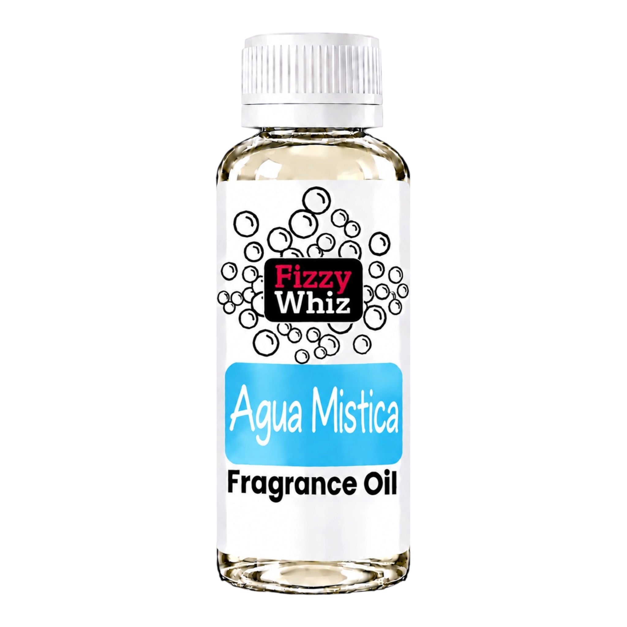 A bottle of Fizzy Whiz Agua Mistica Fragrance Oil on a solid white background. The bottle is made of clear glass, showing a light yellow liquid inside, and has a white ribbed cap and a white label with black and blue graphics.