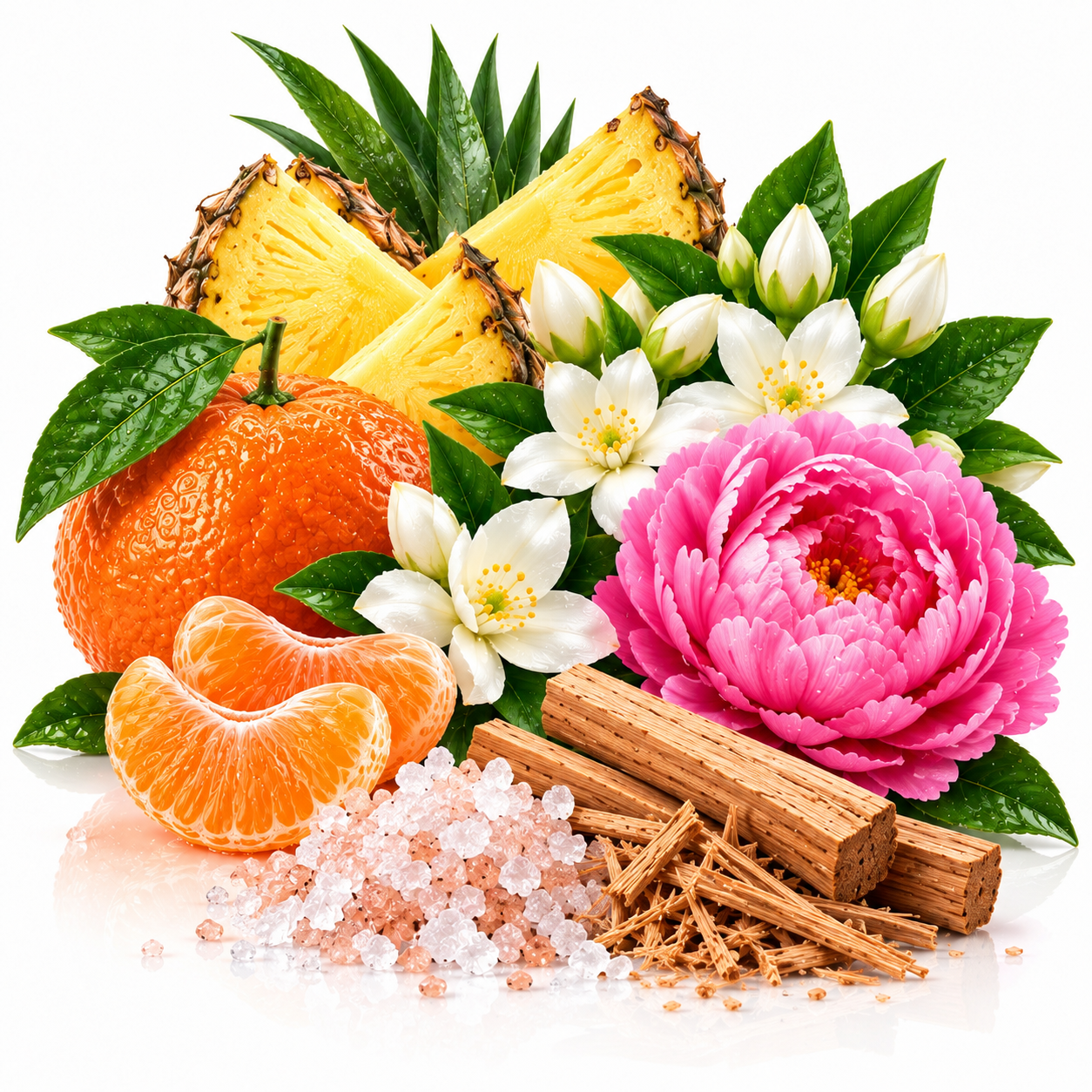 A styled arrangement of citrus and floral ingredients on a white background: pineapple slices, a whole orange, peeled orange segments, white blossoms, a large pink flower, green leaves, cinnamon sticks, and pink crystalline salt.