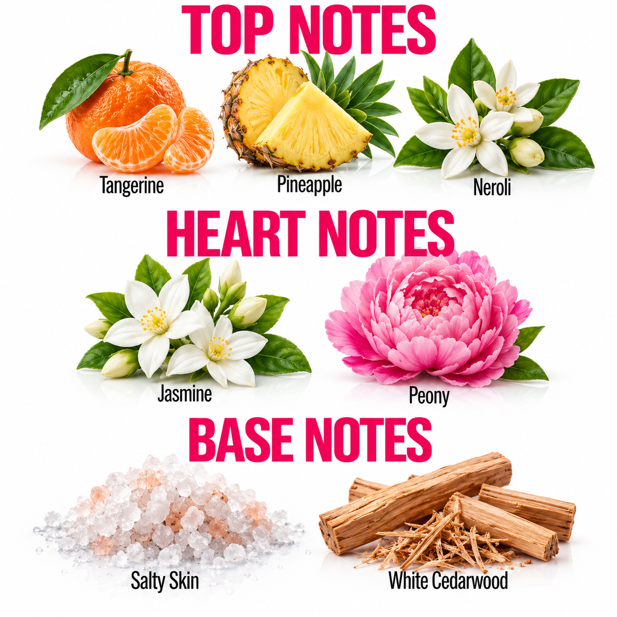 A fragrance notes graphic on a white background with pink headers reading TOP NOTES, HEART NOTES, and BASE NOTES. Top notes shown are tangerine, pineapple, and neroli with fruit and flower illustrations.