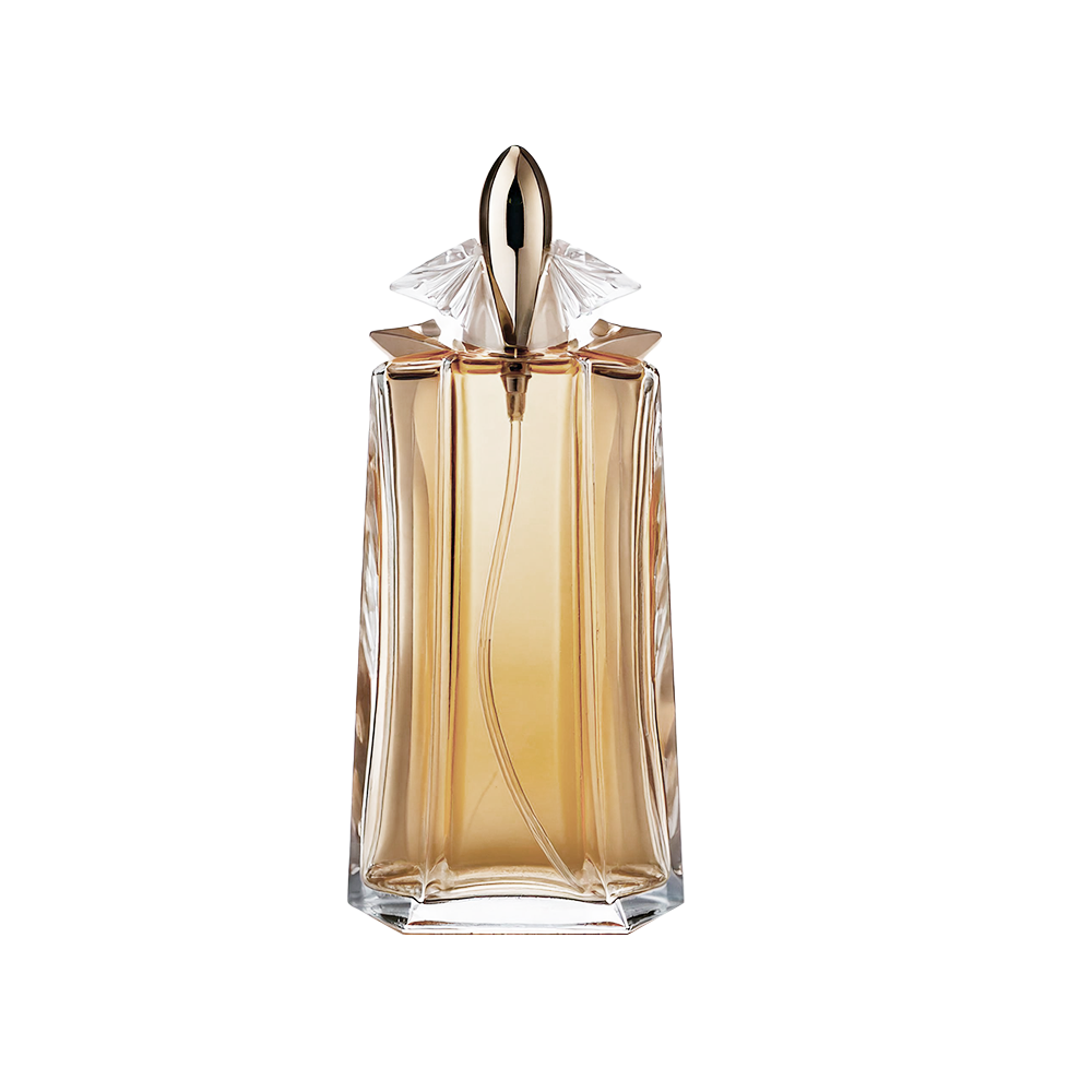 A bottle of Goddess Fragrance Oil with a clear liquid visible through the transparent glass, topped with a decorative cap.