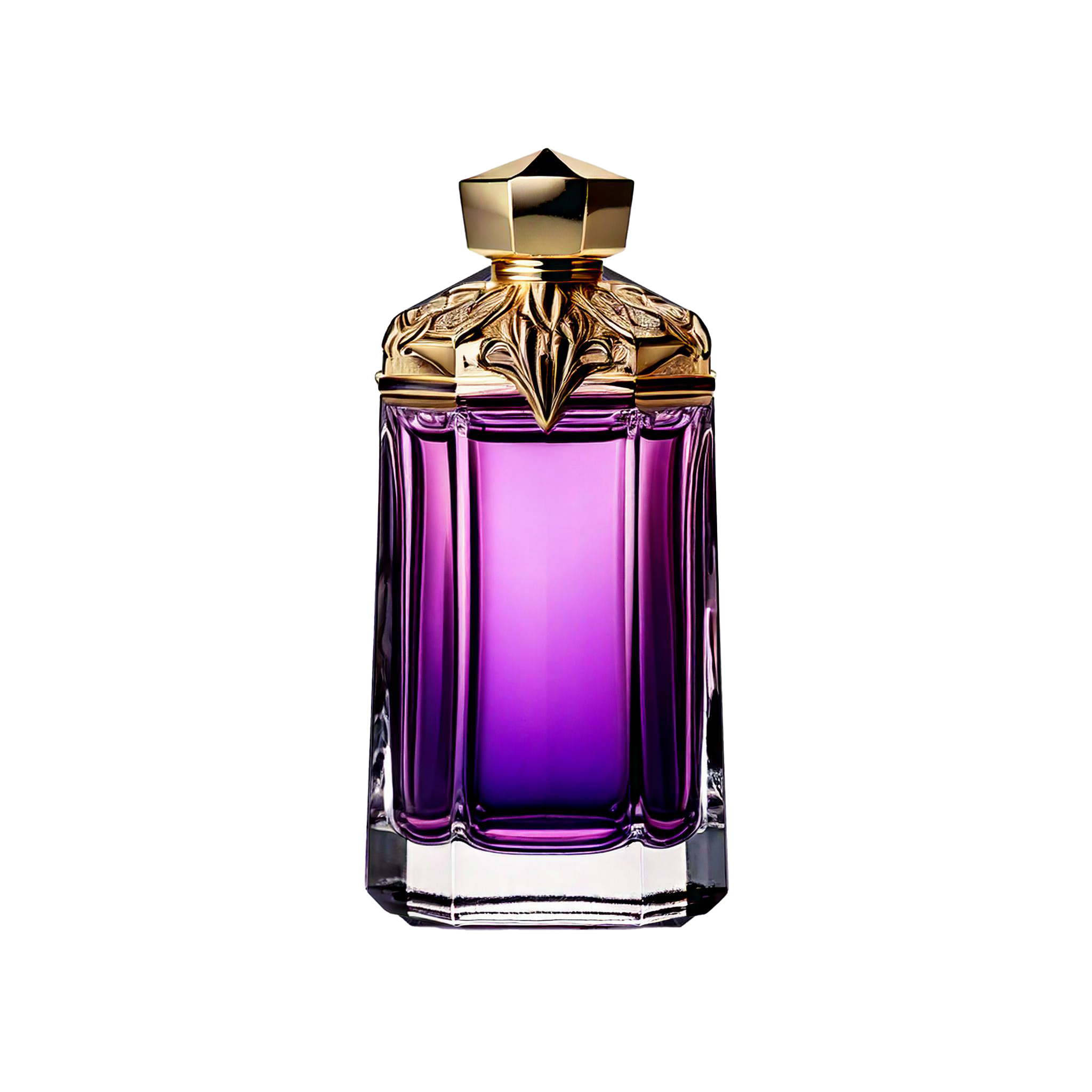 A purple colored fragrance oil bottle with a decorative gold cap.