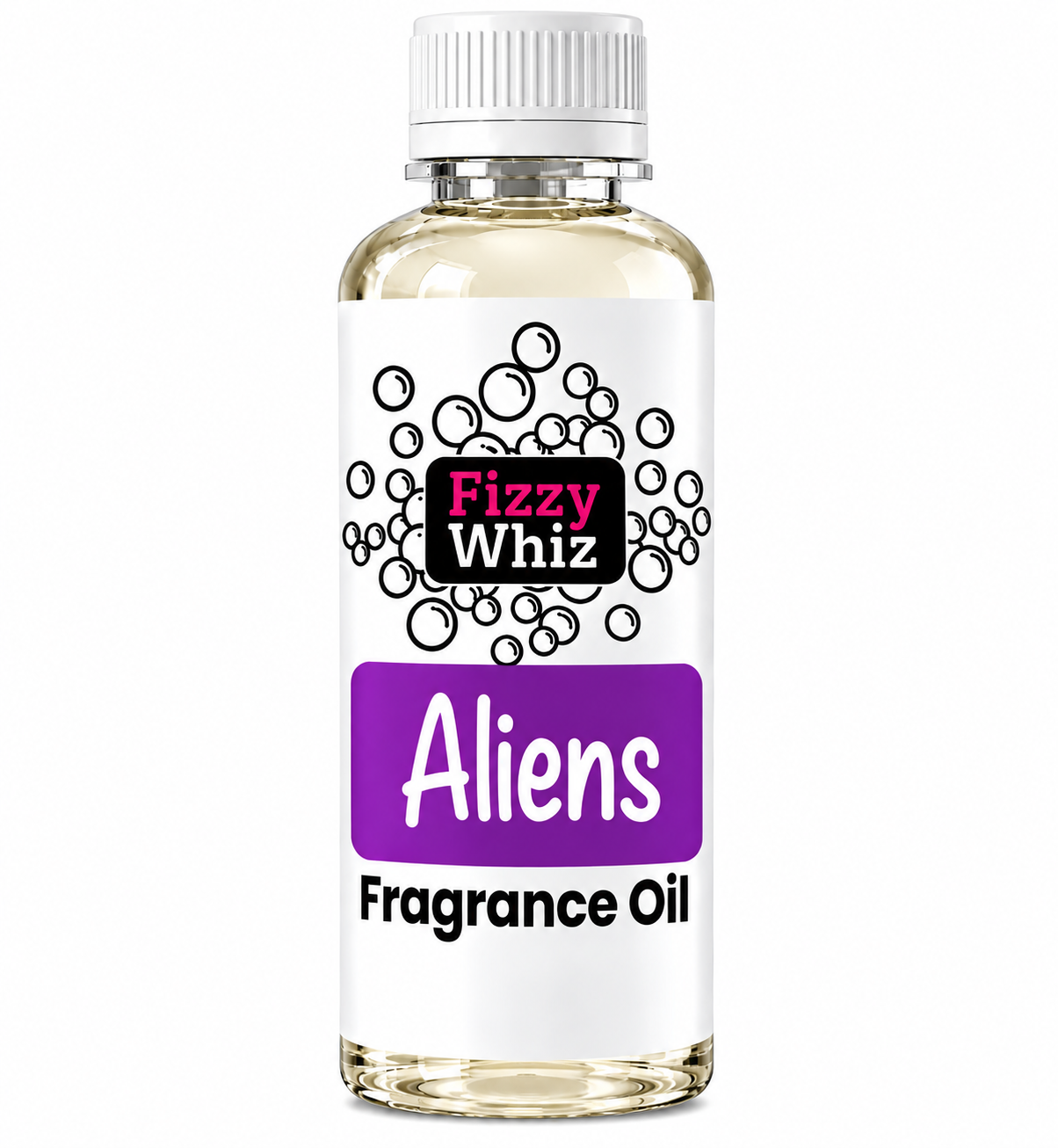 A bottle of Fizzy Whiz Aliens Fragrance Oil on a plain white background. The bottle is clear glass showing the pale yellow liquid inside, topped with a white ribbed cap.