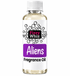 A bottle of Fizzy Whiz Aliens Fragrance Oil on a plain white background. The bottle is clear glass showing the pale yellow liquid inside, topped with a white ribbed cap.