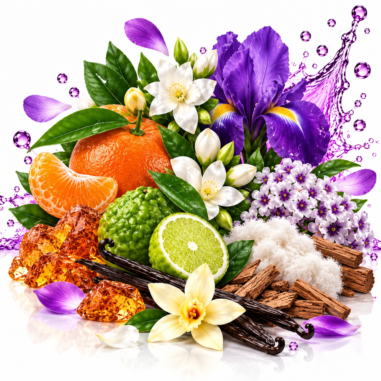 A vibrant botanical fragrance composition featuring purple irises, white jasmine blossoms, a sliced lime, an orange, vanilla pods, cinnamon sticks, amber resin, white wax, and green leaves on a glossy white background with a liquid splash graphic.
