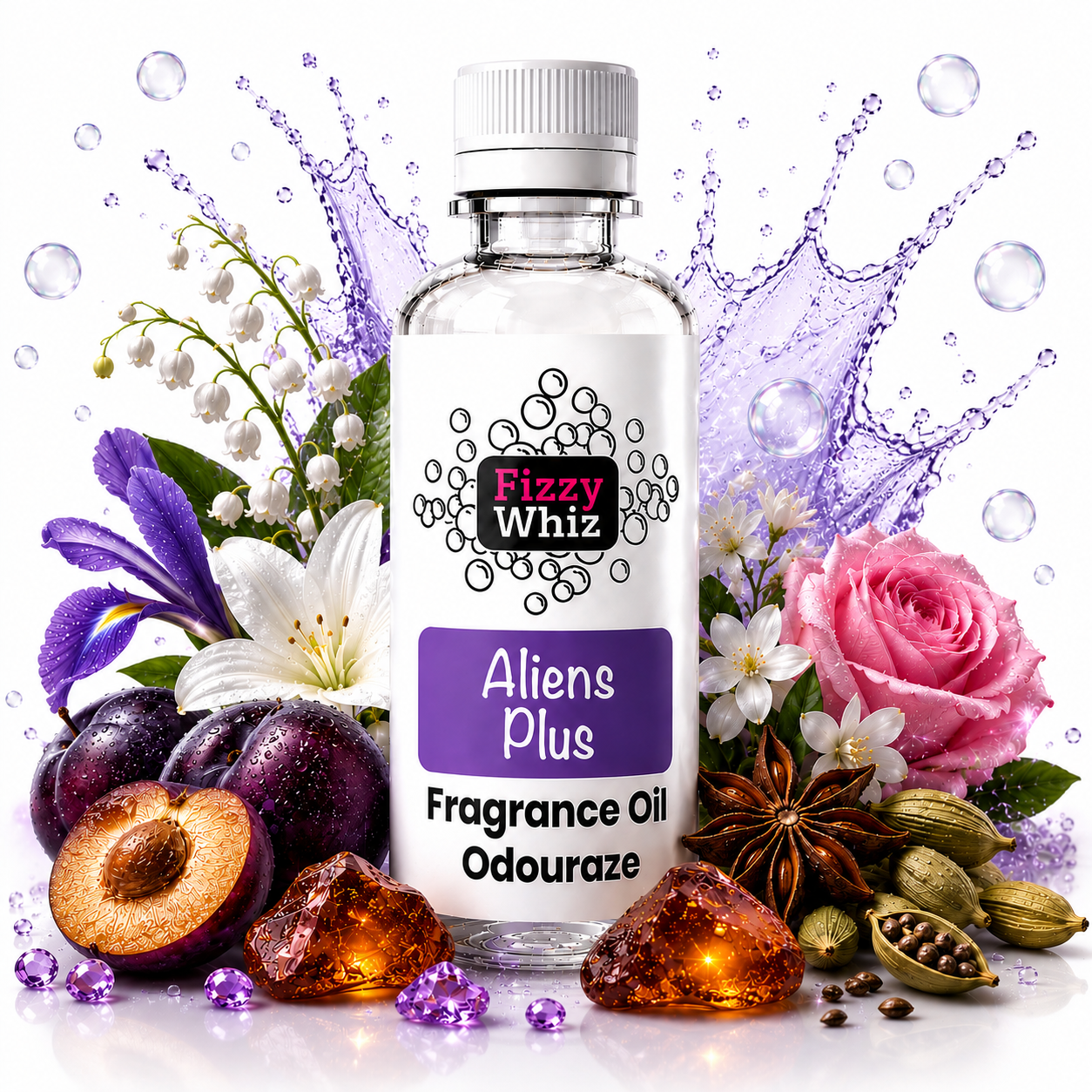 A bottle of Fizzy Whiz Aliens Plus Fragrance Oil centered against a white background with decorative flowers, plums, amber droplets, and purple splash graphics. The label reads 'Fizzy Whiz', 'Aliens Plus', and 'Fragrance Oil Odouraze'.