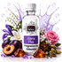 A bottle of Fizzy Whiz Aliens Plus Fragrance Oil centered against a white background with decorative flowers, plums, amber droplets, and purple splash graphics. The label reads 'Fizzy Whiz', 'Aliens Plus', and 'Fragrance Oil Odouraze'.