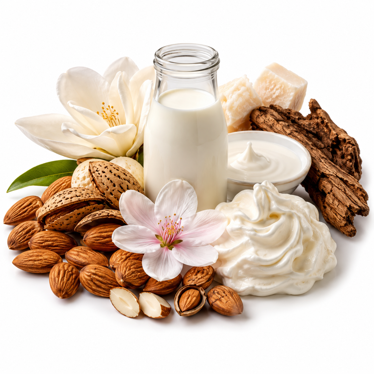 A glass bottle filled with white milk or almond milk, surrounded by almonds, a pink flower, a white blossom, whipped cream, and a dollop of thick yogurt on a clean white background.