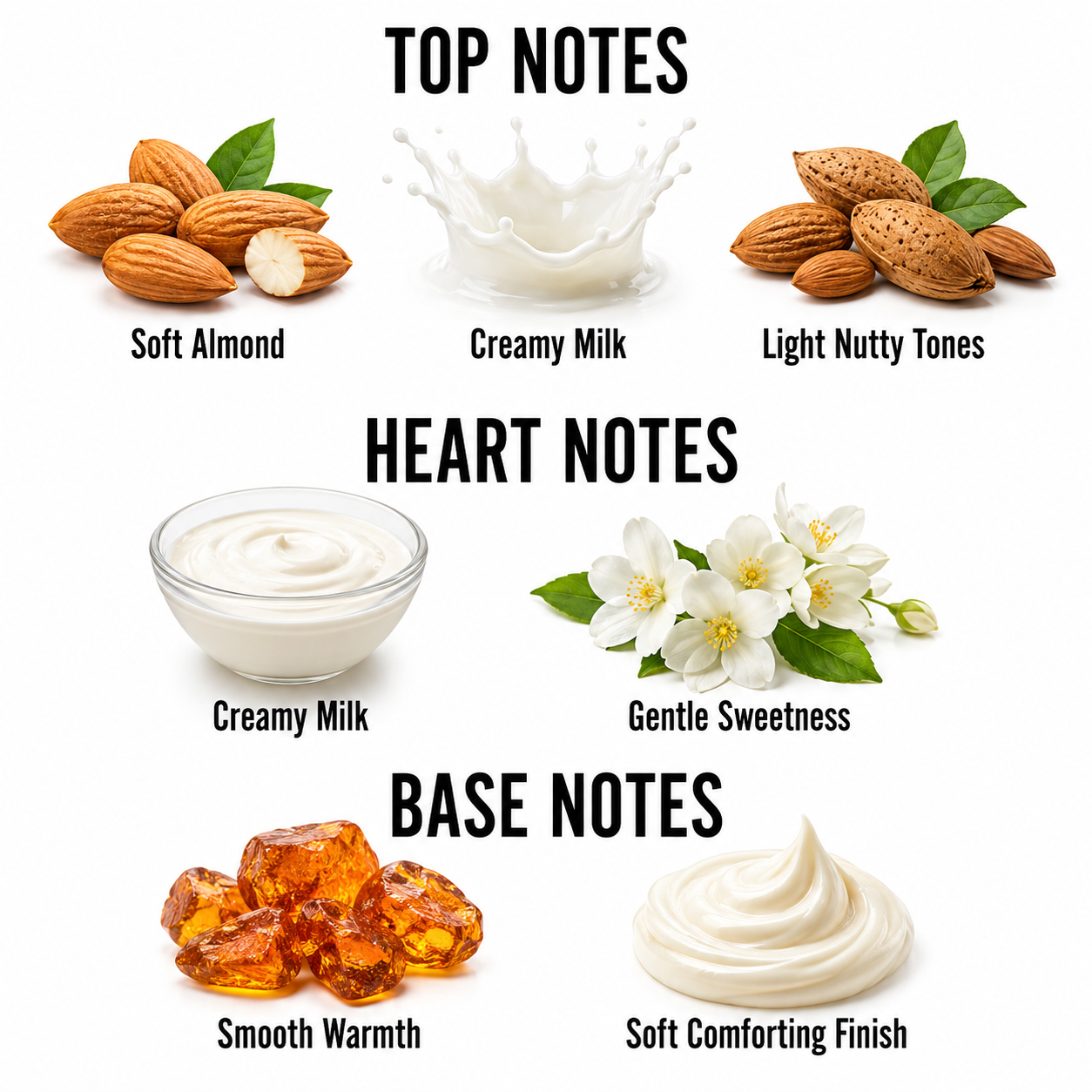 A fragrance notes graphic on a white background with the headings TOP NOTES, HEART NOTES, and BASE NOTES. Top notes shown are Soft Almond, Creamy Milk, and Light Nutty Tones, illustrated with almonds, milk splash, and nut imagery.