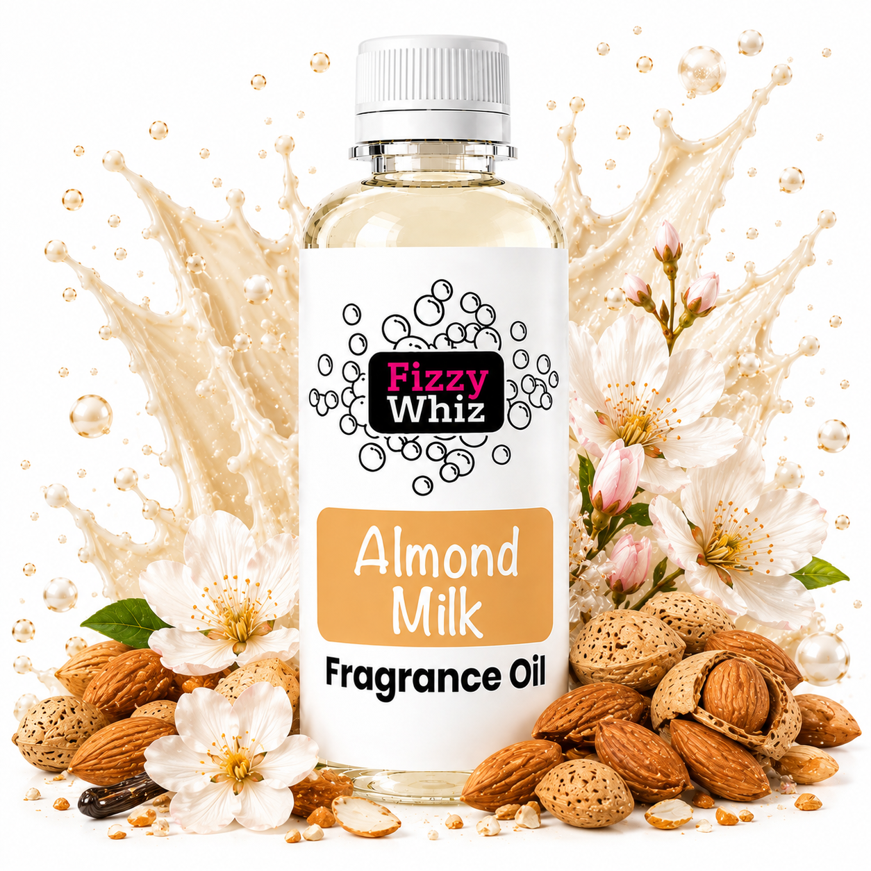 A bottle of Fizzy Whiz Almond Milk Fragrance Oil centered against a white background with decorative almond props, flowers, and a beige liquid splash graphic behind it.