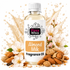 A bottle of Fizzy Whiz Almond Milk Fragrance Oil centered against a white background with decorative almond props, flowers, and a beige liquid splash graphic behind it.
