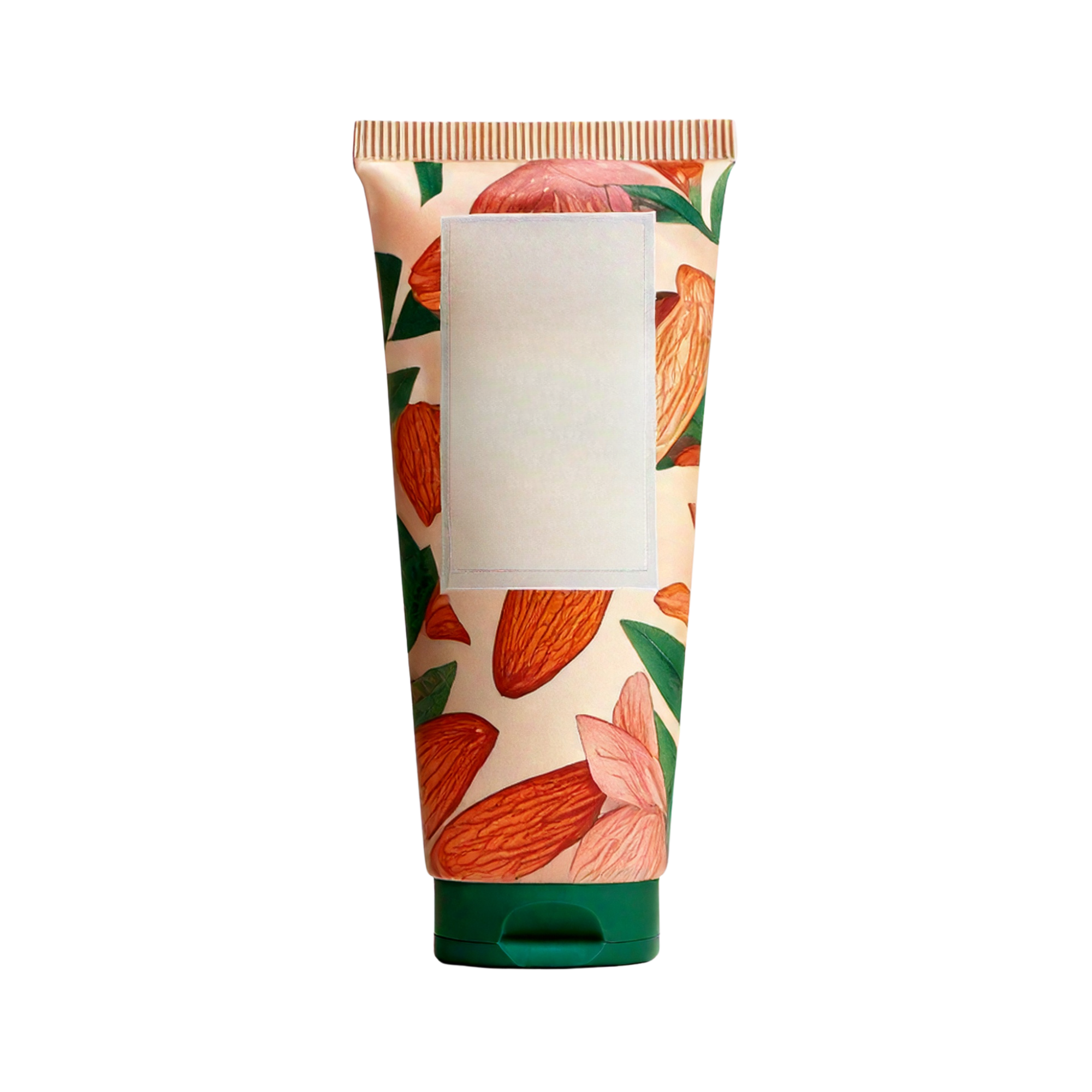 Floral patterned cosmetic squeeze tube with a green flip-top cap and blank label panel, displayed upright on a light background.
