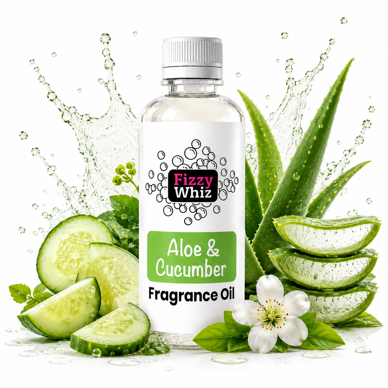 A clear bottle of Fizzy Whiz Aloe & Cucumber Fragrance Oil centered on a white background, surrounded by sliced cucumbers, aloe vera leaves, mint leaves, a white flower, and water droplets. The label is white with green and black text.