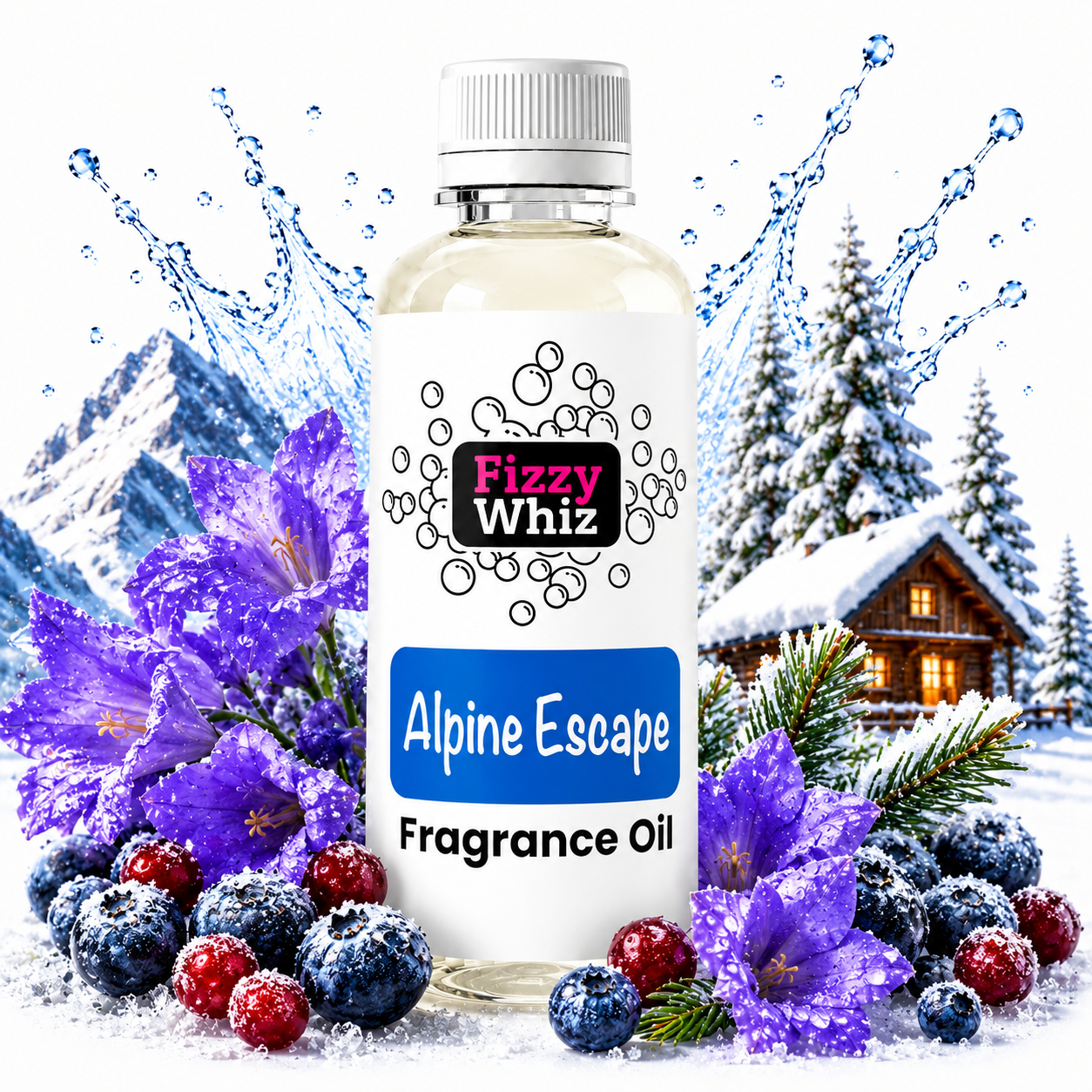 A bottle of Fizzy Whiz Alpine Escape Fragrance Oil centered in a snowy winter scene with mountains, a cabin, water splash, purple flowers, blueberries, and raspberries.