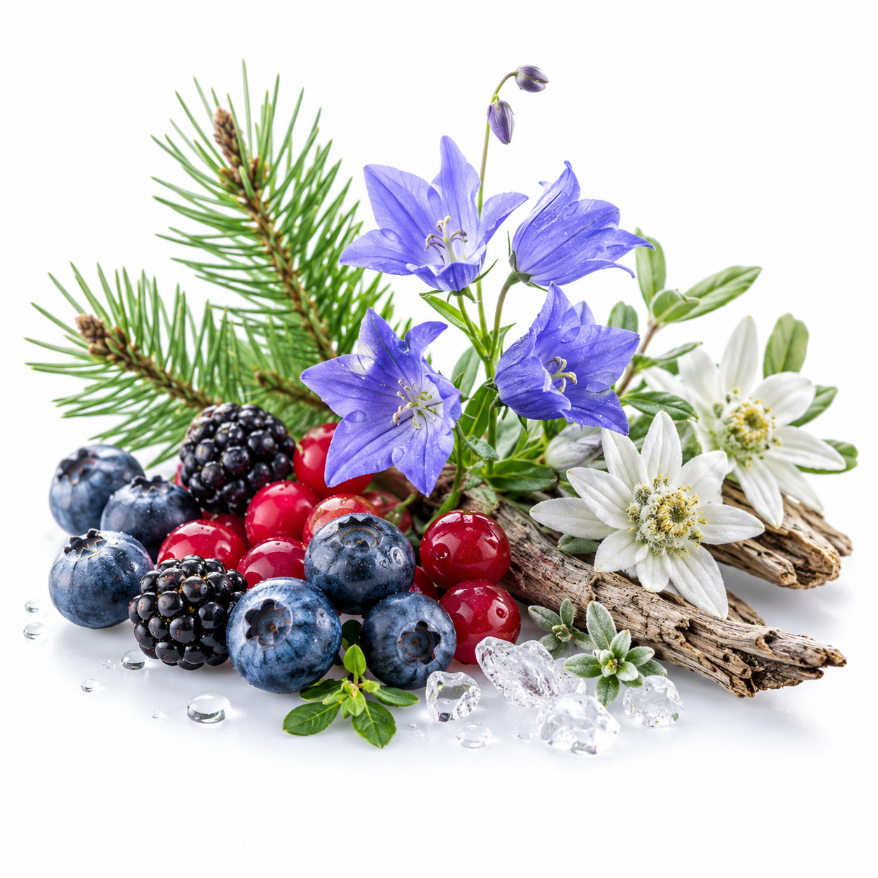 A styled botanical still life on a white background featuring blueberries, blackberries, redcurrants, pine needles, white and blue flowers, driftwood, and clear ice crystals.