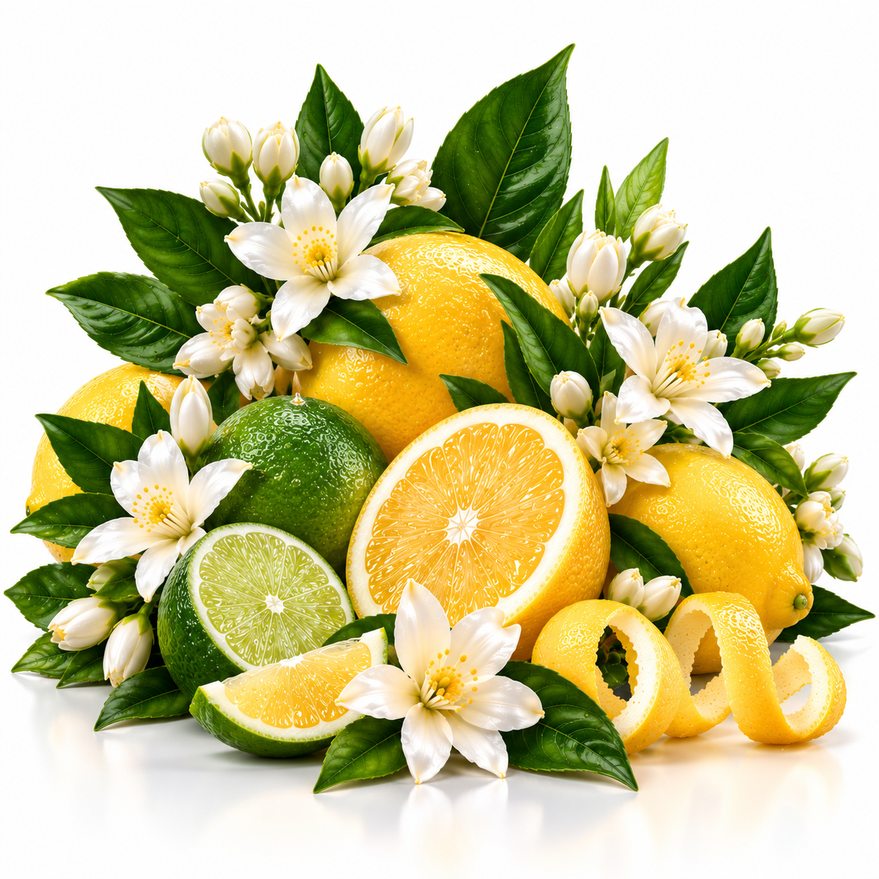 A styled arrangement of citrus fruits and flowers on a white background, including whole and sliced yellow oranges, limes, peeled citrus peels, and white blossoms with green leaves.