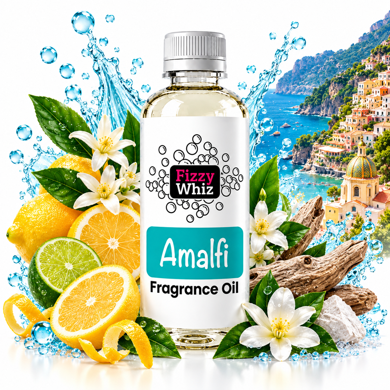A bottle of Fizzy Whiz Amalfi fragrance oil centered on a white background, surrounded by lemons, limes, white flowers, green leaves, driftwood, and a coastal town scene in the distance. Water splashes appear around the bottle.