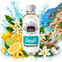 A bottle of Fizzy Whiz Amalfi fragrance oil centered on a white background, surrounded by lemons, limes, white flowers, green leaves, driftwood, and a coastal town scene in the distance. Water splashes appear around the bottle.