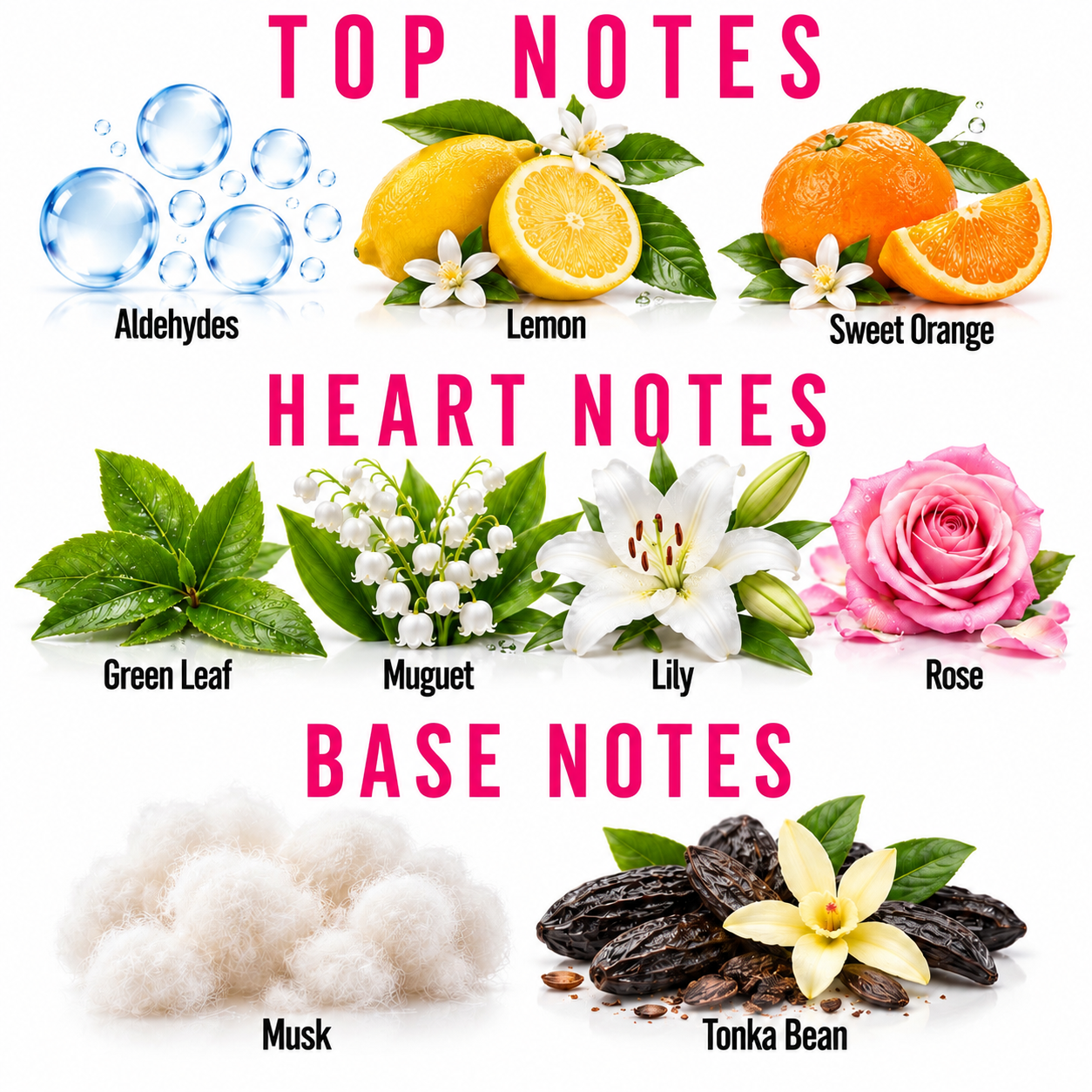 A fragrance notes graphic with pink text reading TOP NOTES, HEART NOTES, and BASE NOTES. Top notes include Aldehydes, Lemon, and Sweet Orange with corresponding fruit and flower illustrations.