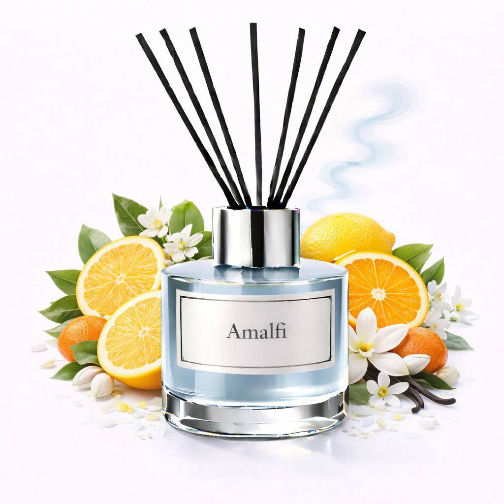 Reed diffuser labeled 'Amalfi' with lemons, oranges, and flowers on a white background