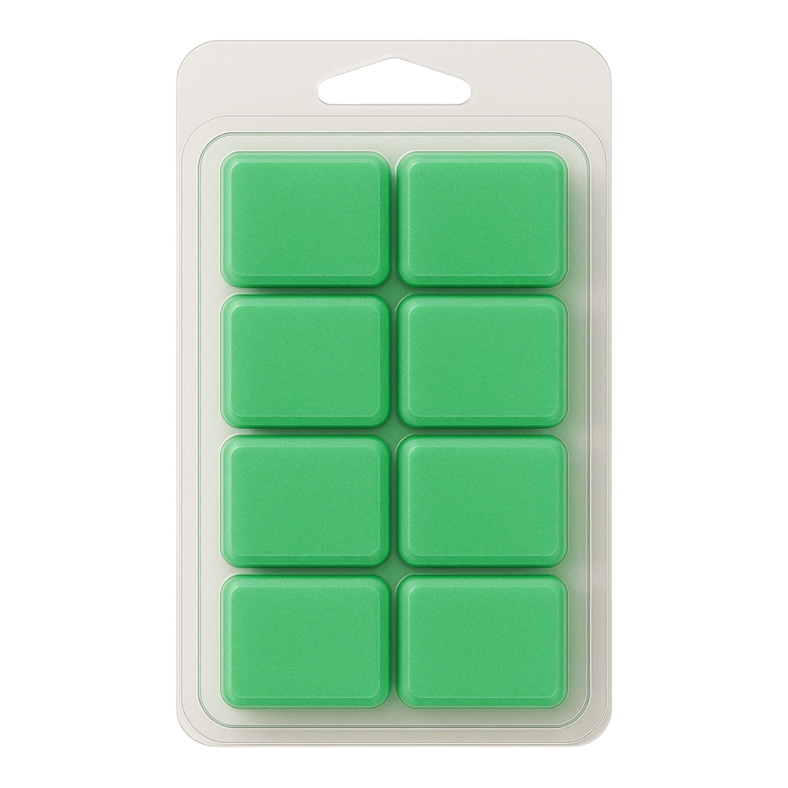 Pack of green square wax melts in a clear plastic packaging on a white background