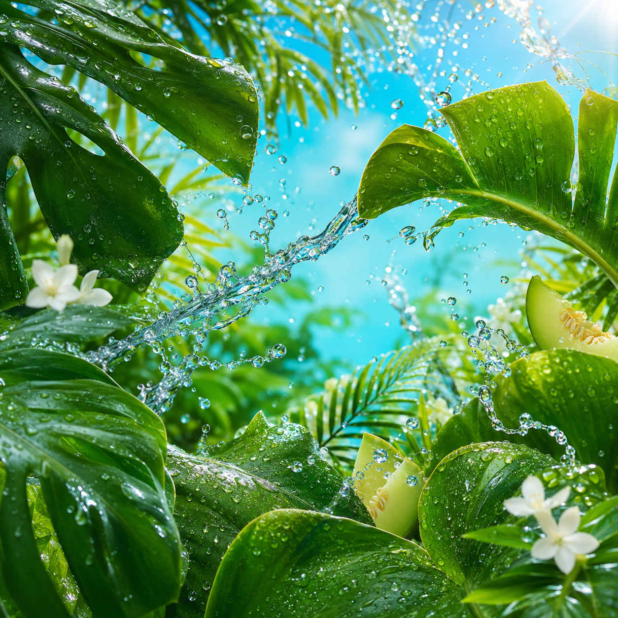 Vibrant tropical green leaves with water droplets, a splash of clear water, and bright blue sky in the background, with small white flowers and slices of melon visible among the foliage.