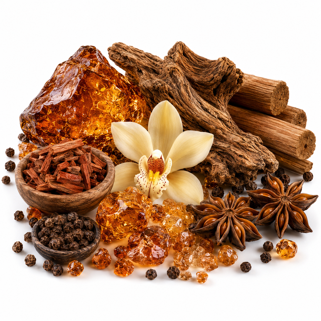 A styled arrangement of natural ingredients on a white background, including amber-colored crystals, cinnamon sticks, star anise, black peppercorns in a small wooden bowl, dried roots, and a pale cream orchid flower.