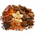 A styled arrangement of natural ingredients on a white background, including amber-colored crystals, cinnamon sticks, star anise, black peppercorns in a small wooden bowl, dried roots, and a pale cream orchid flower.
