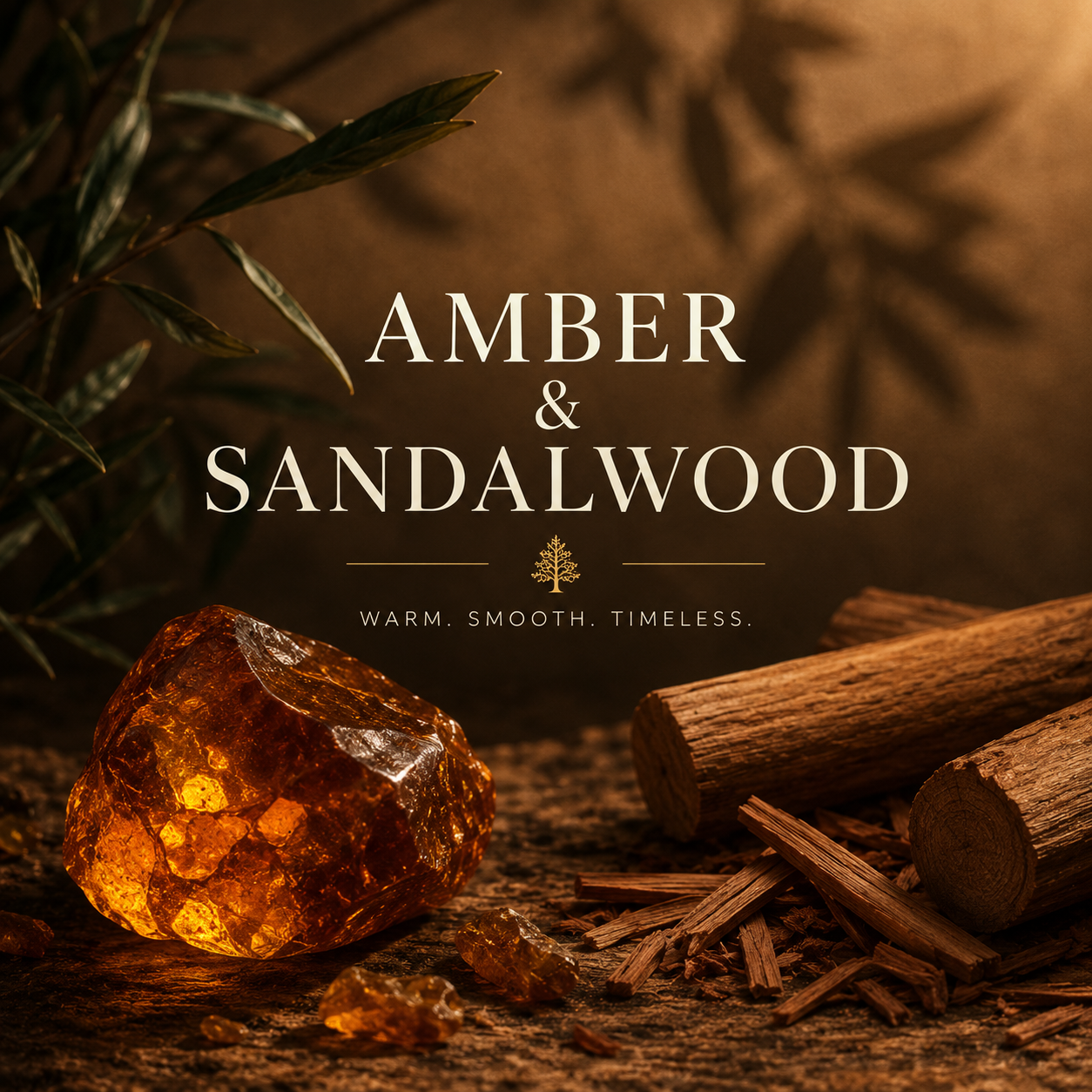 Amber & Sandalwood set in a dark brown background 